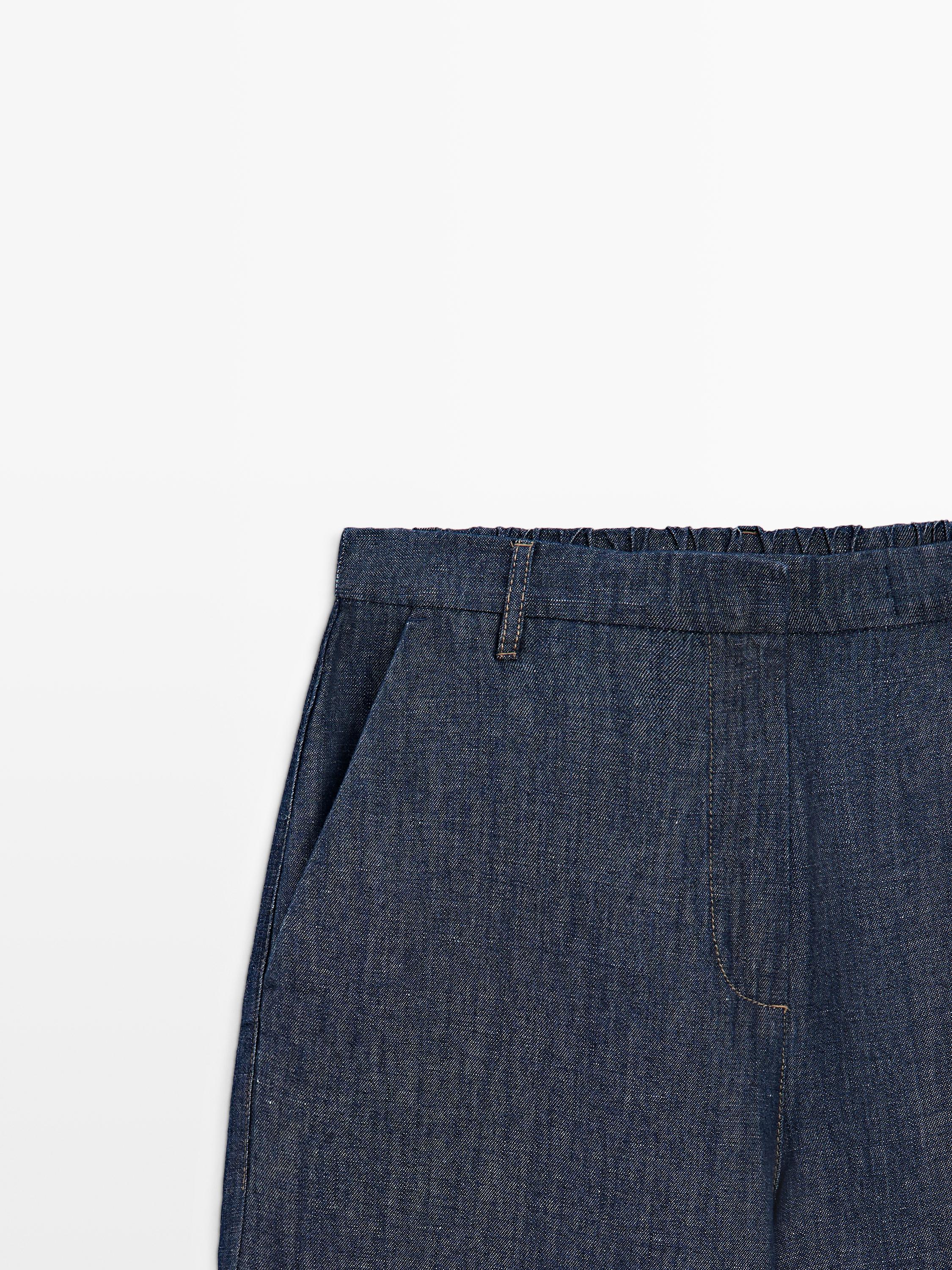 Total look linen blend wide-leg jeans — DARK BLUE