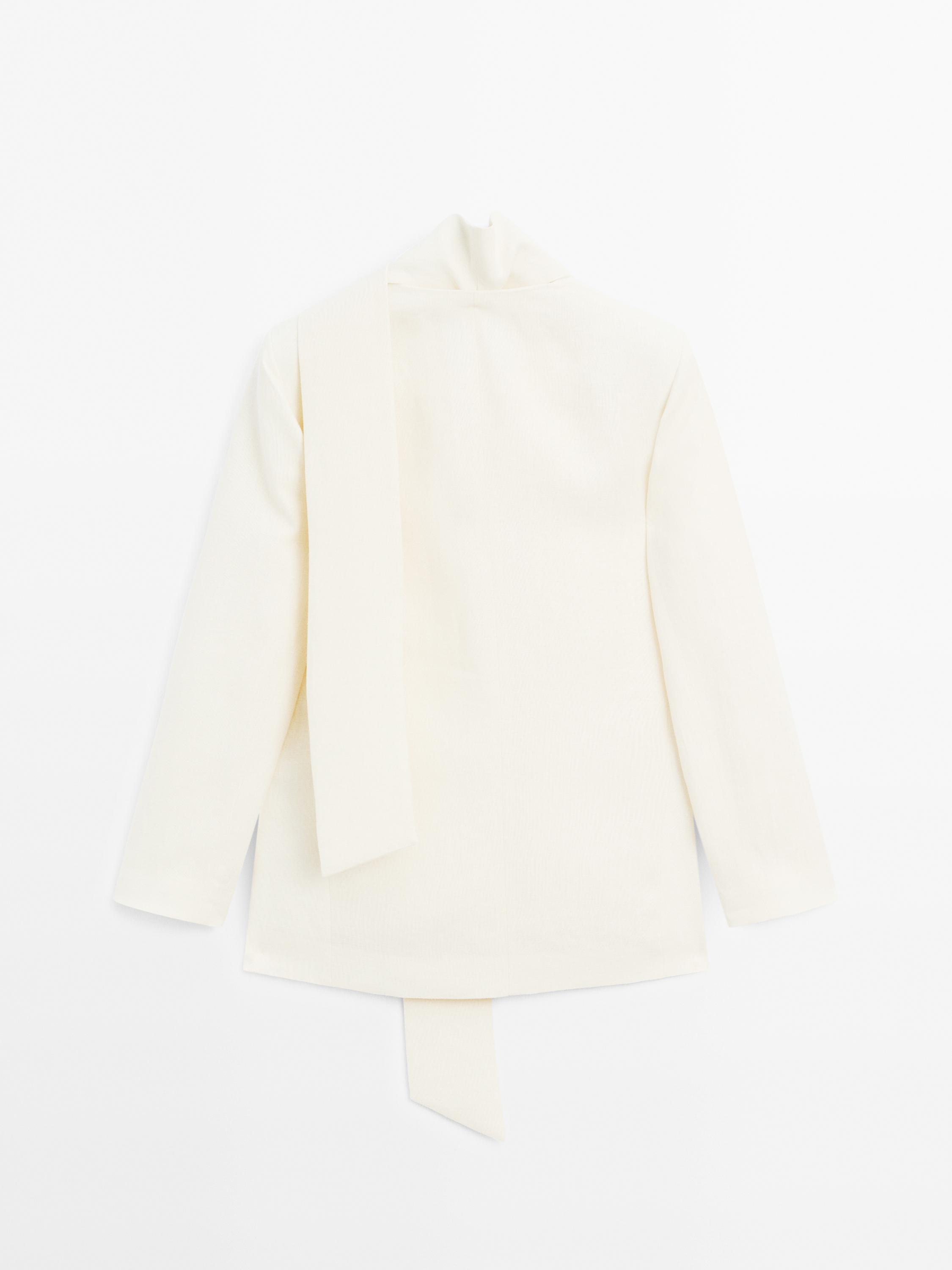 100% linen cropped blazer with scarf detail - STUDIO