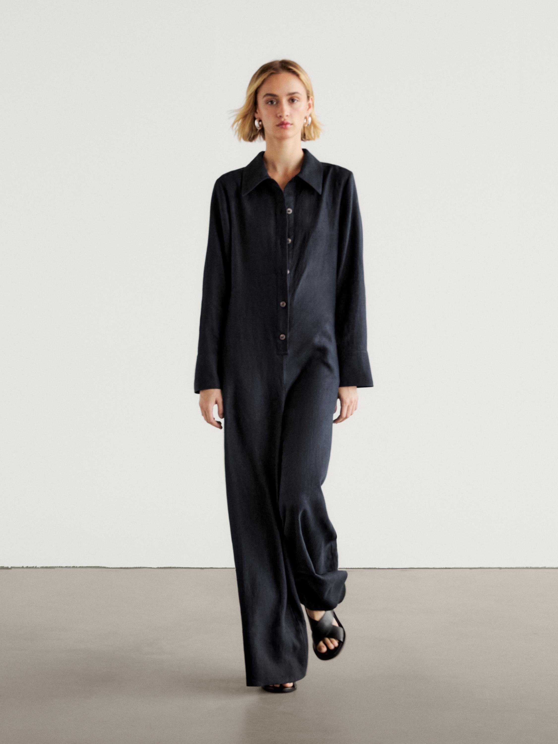 Straight fit jumpsuit with long sleeves Dark Blue Smart Dresses And Jumpsuits Massimo Dutti