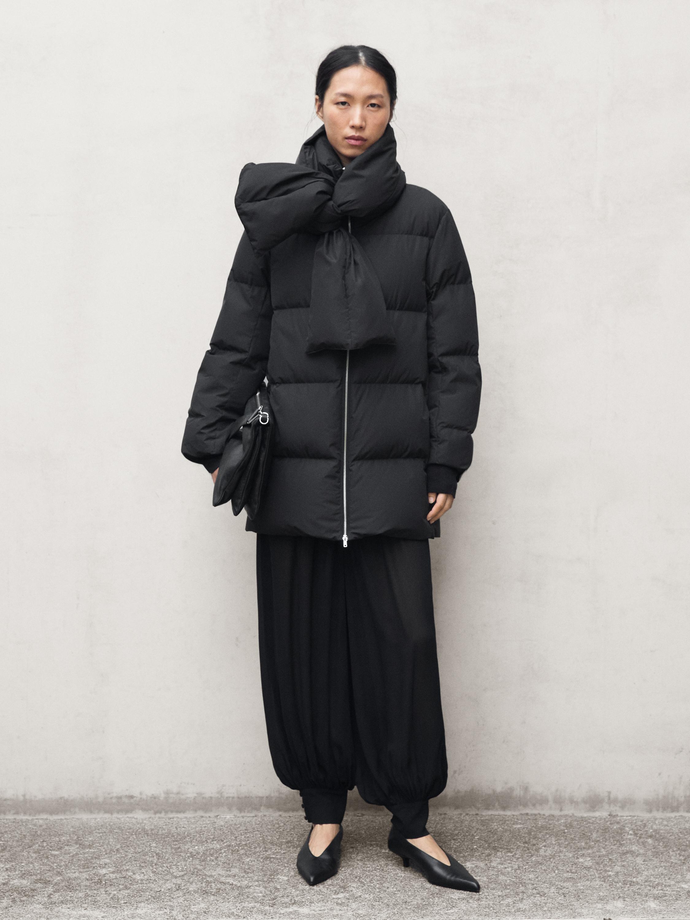 Water-repellent puffer jacket with scarf detail