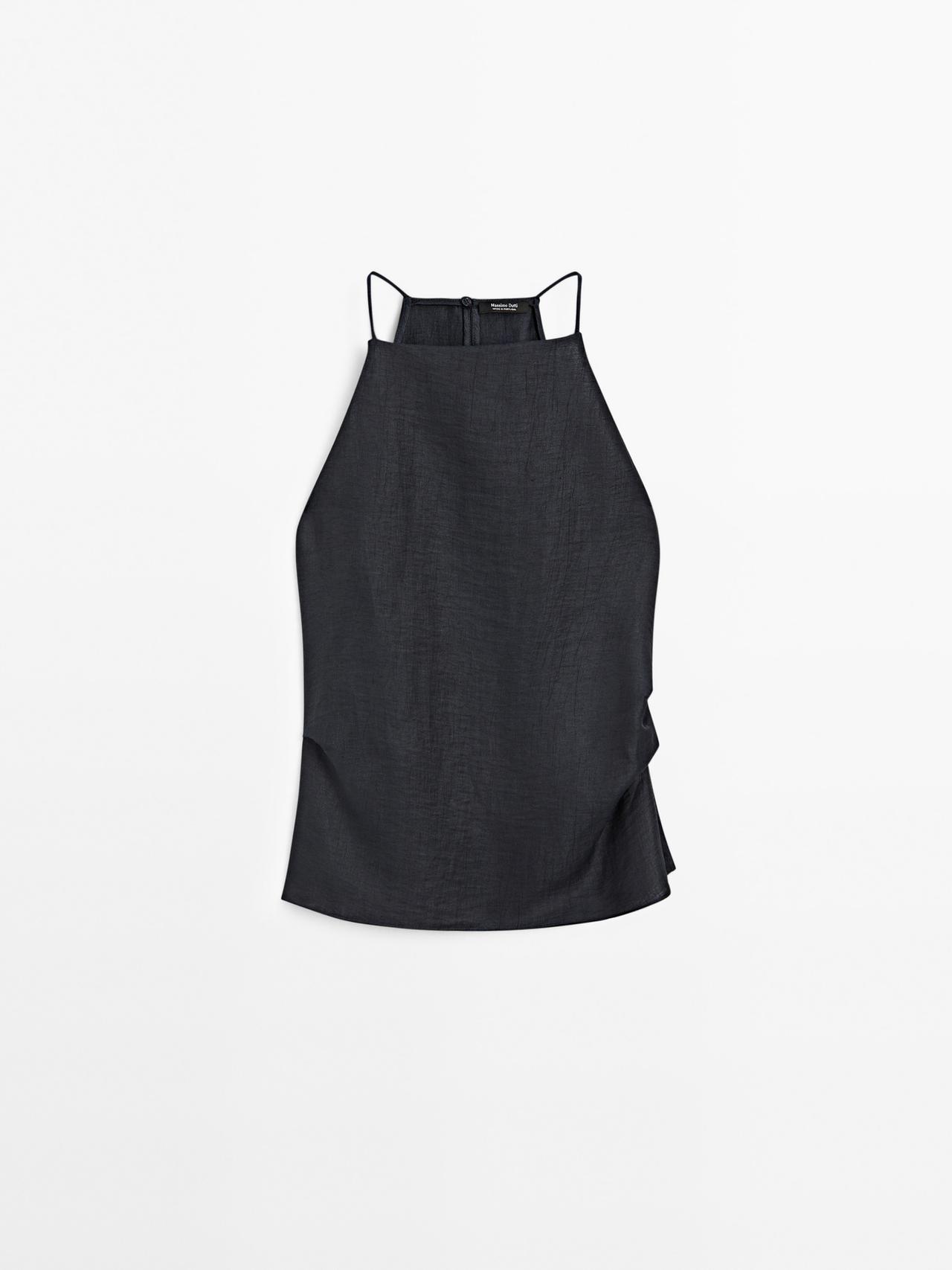 Massimo Dutti - Dame - Halternecktop I Hørblanding Med Lige Halsudskæring - Mørkeblå - S