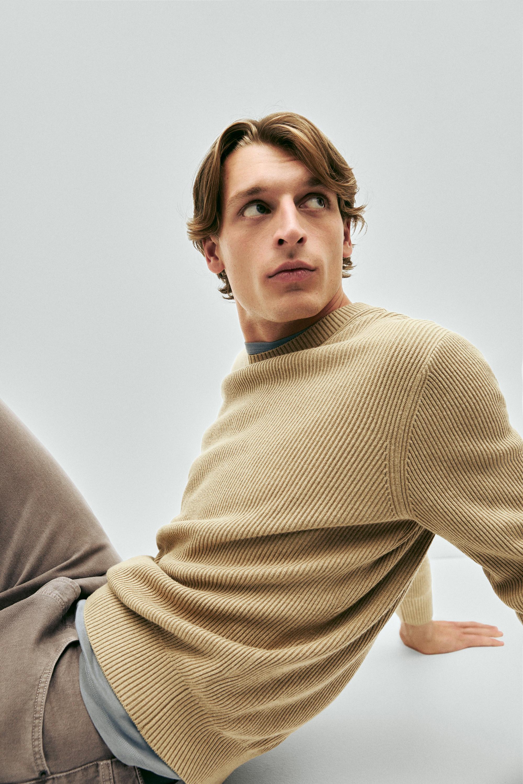 Cotton blend ribbed knit sweater — CREAM