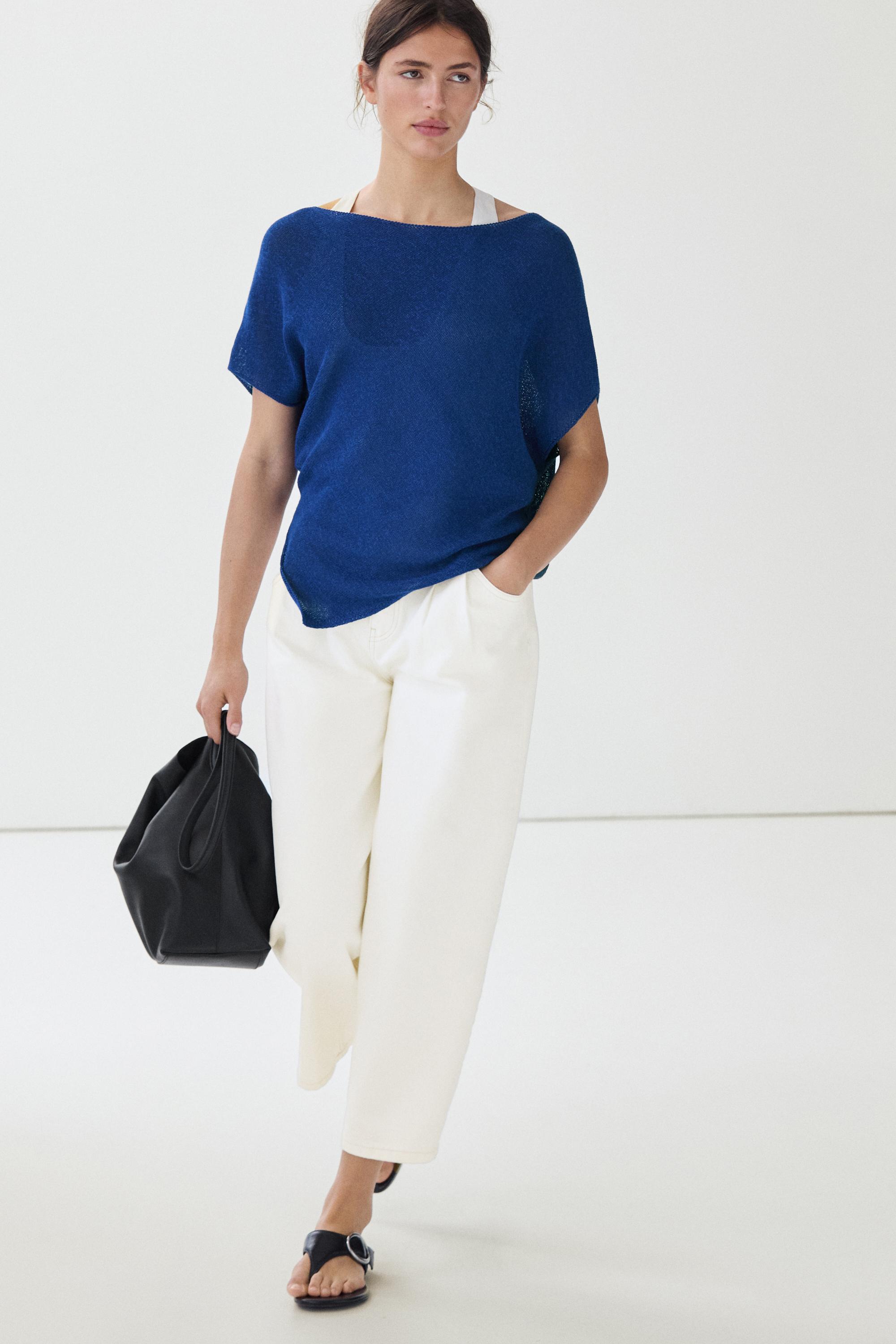 Asymmetric short sleeve linen T-shirt — DEEP BLUE