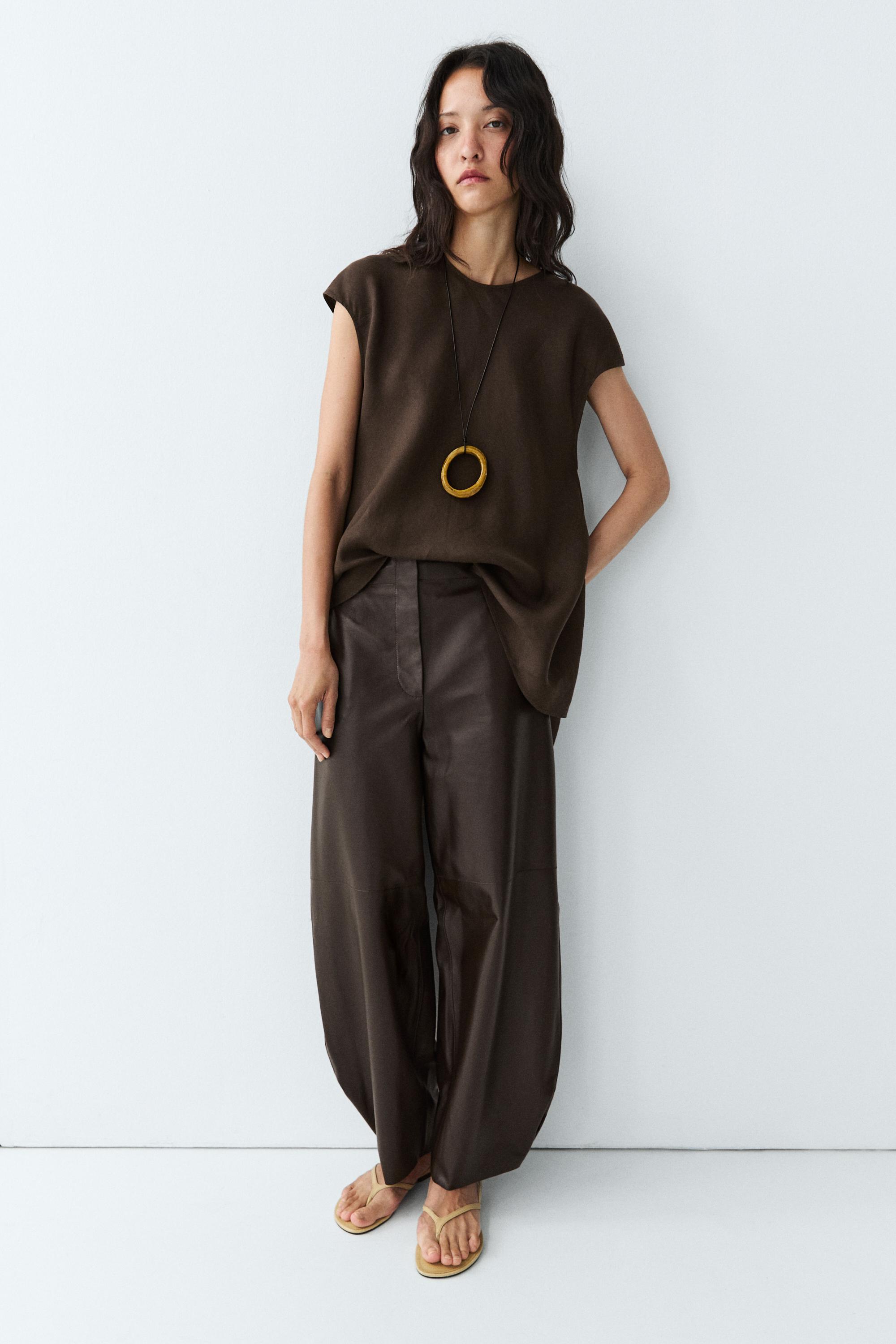 100% linen asymmetric top — BROWN