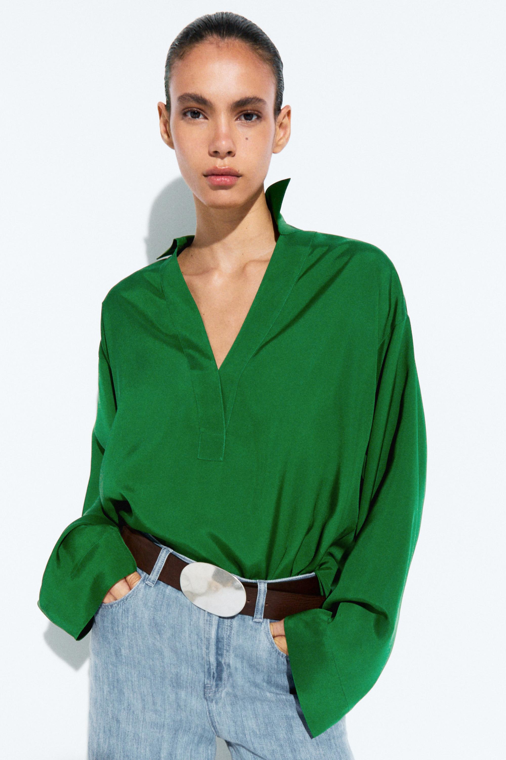 Long sleeve flowing polo shirt — GREEN