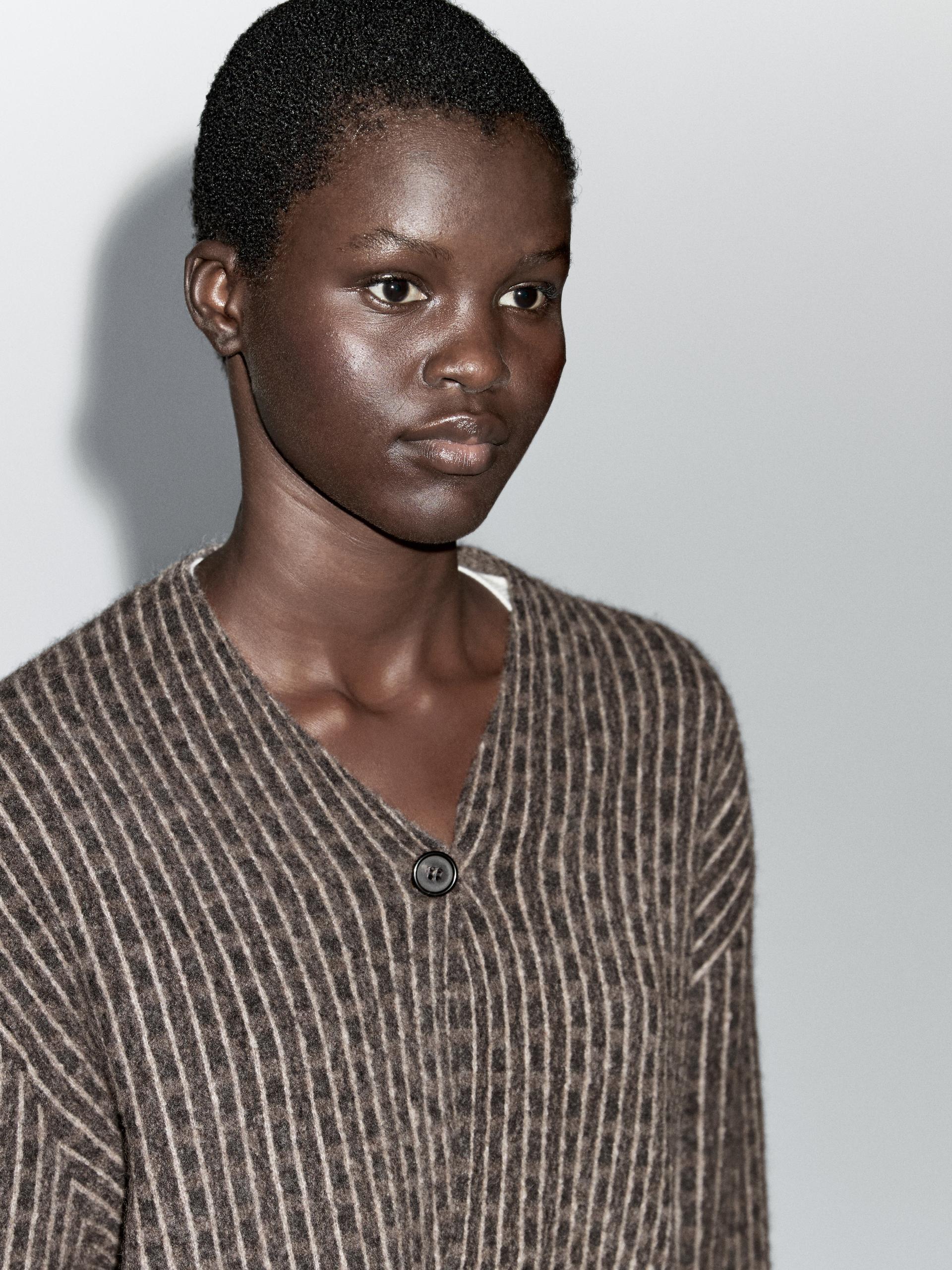 Massimo Dutti Short Pinstripe Cardigan In Brown