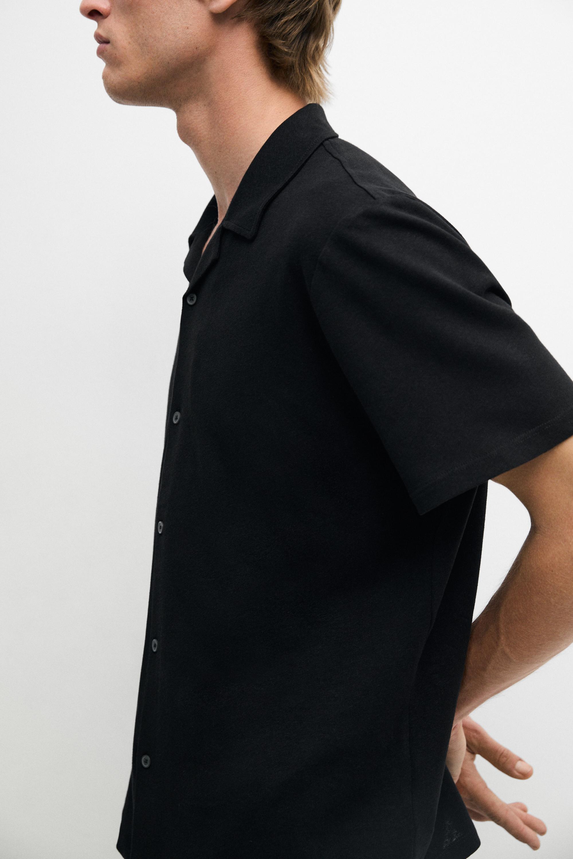 Regular fit short sleeve linen-cotton blend shirt — BLACK