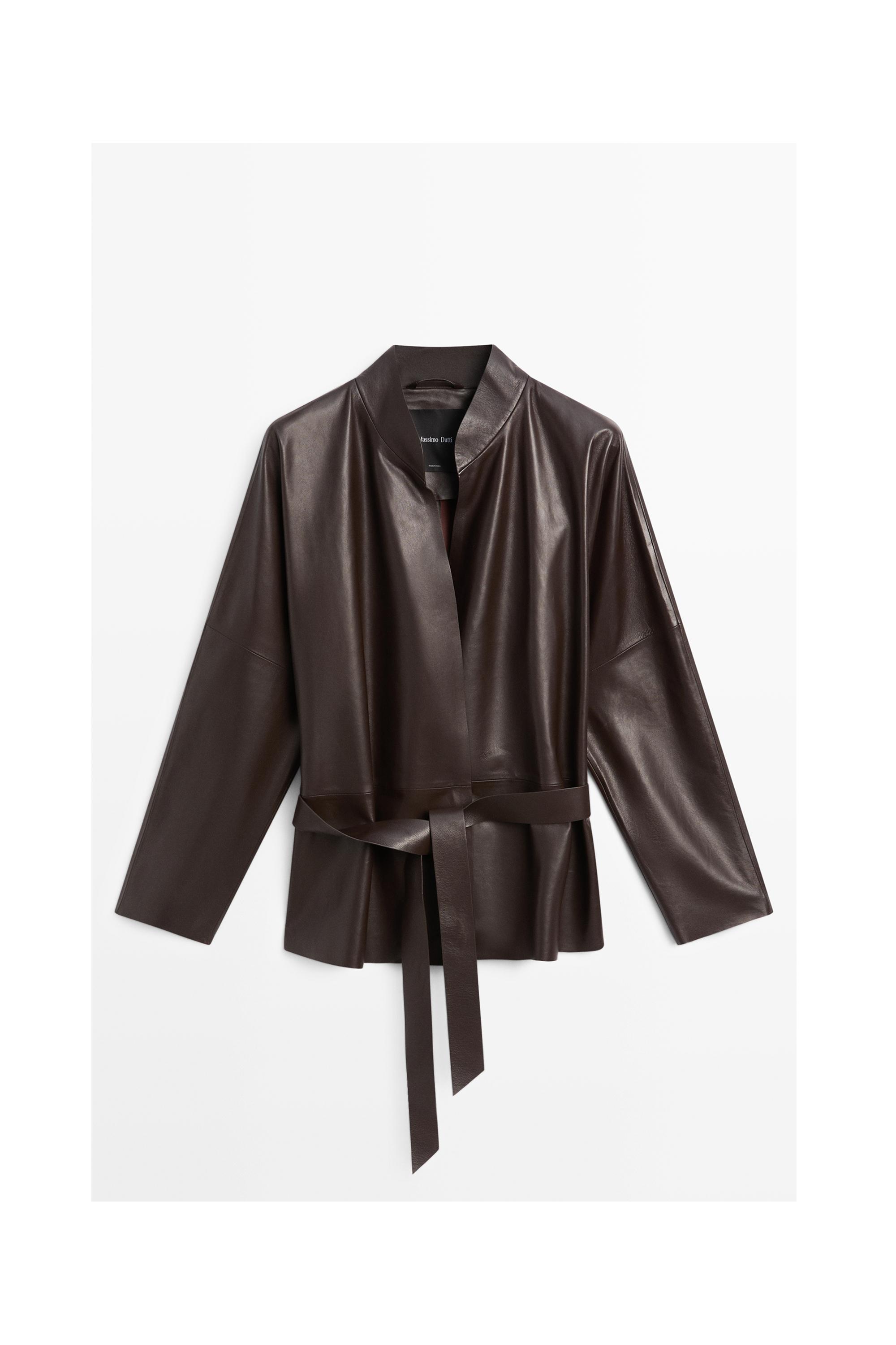 Wrap-front nappa leather jacket with tie detail — BROWN
