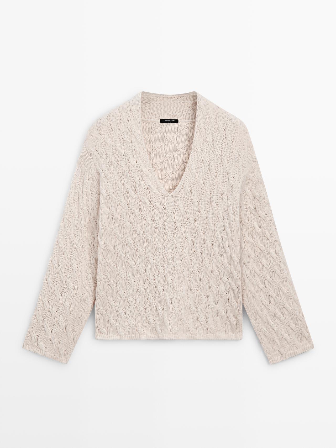 Massimo Dutti - Dames - Tricot Trui Van Katoenmix Met Knoopdetail - Ecru - M
