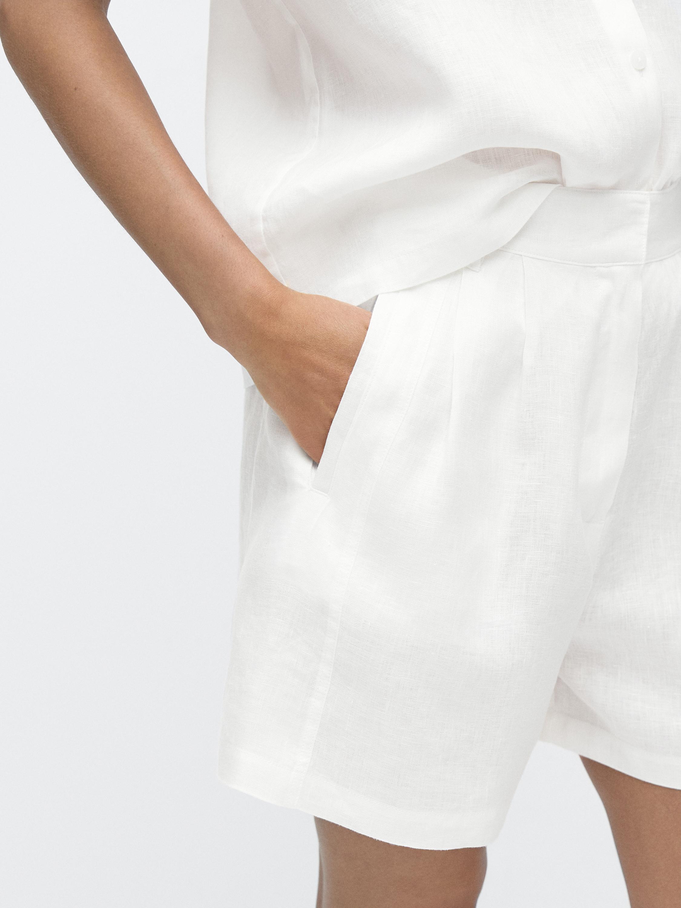 100% linen long Bermuda shorts with darts — WHITE