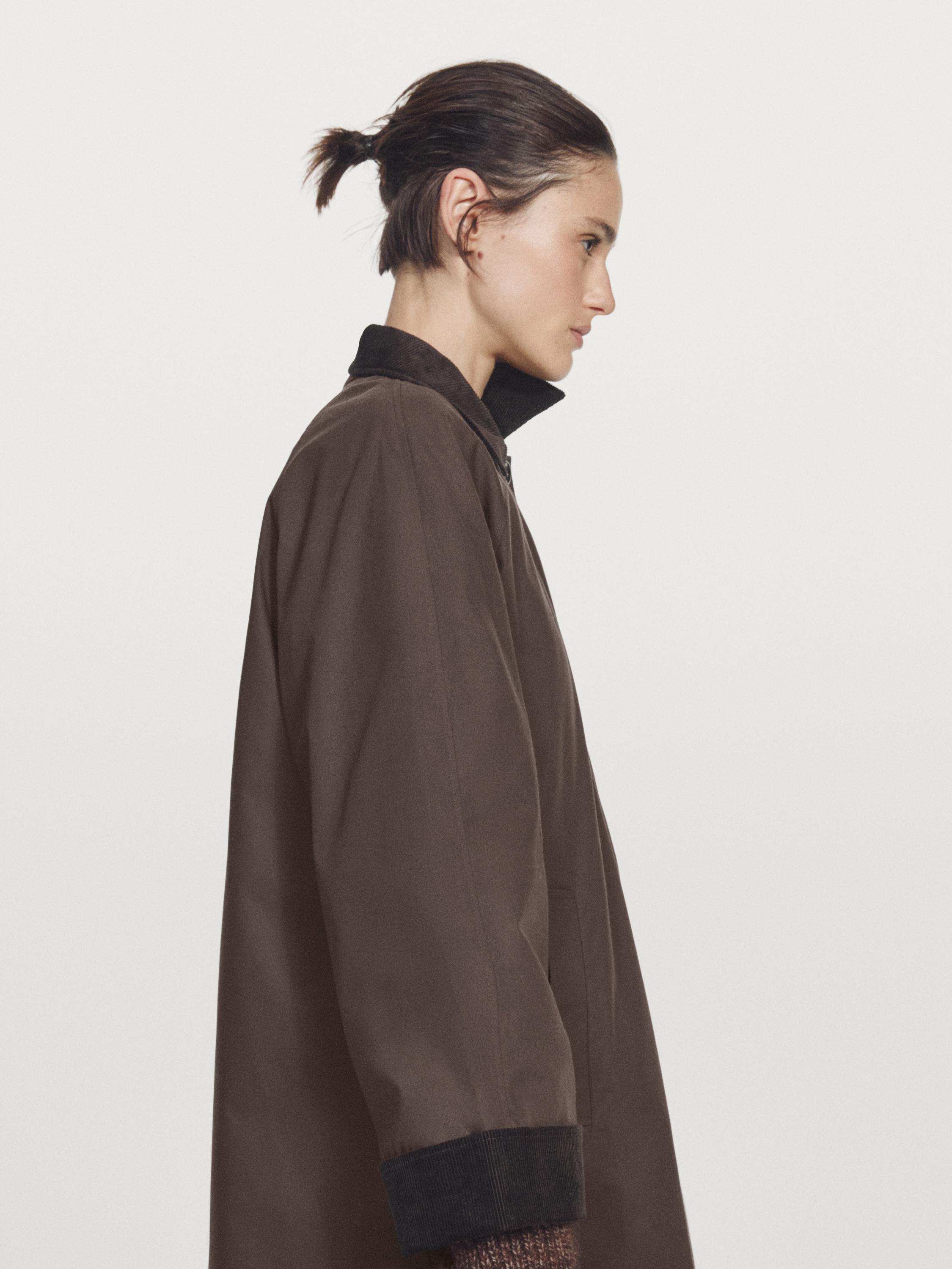 Long waxed parka with corduroy detail