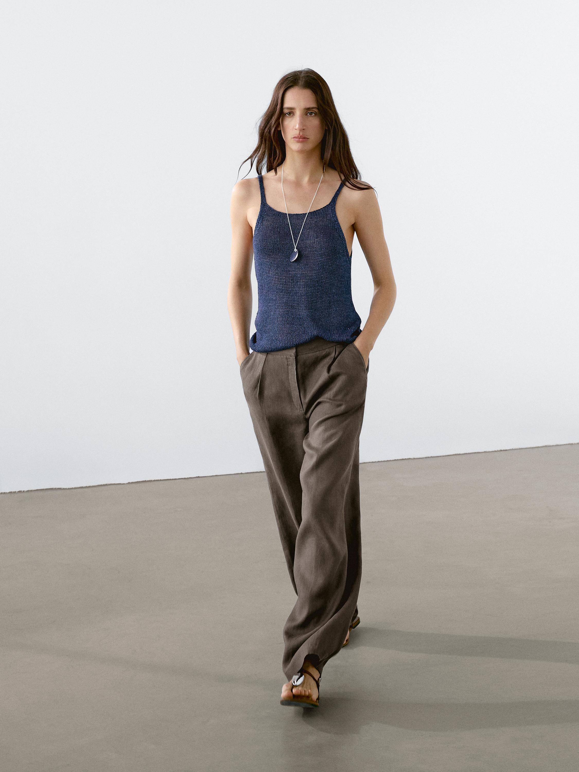 100% linen wide-leg elastic detail trousers