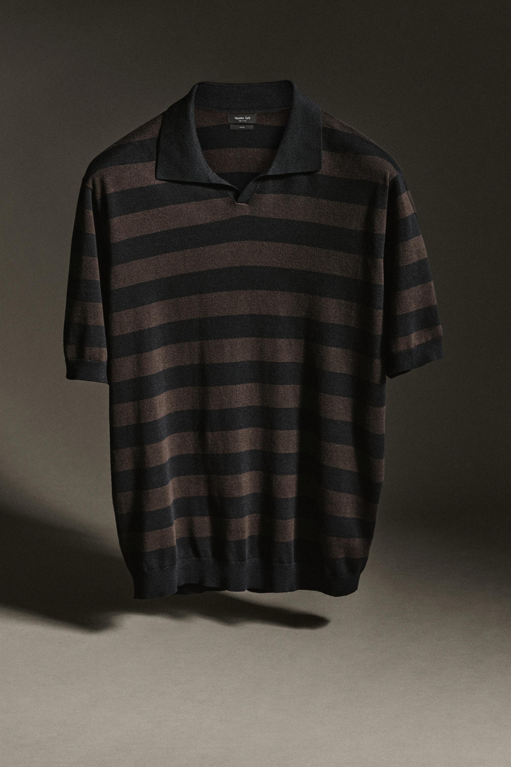 100% cotton striped knit polo shirt — BROWN MARL