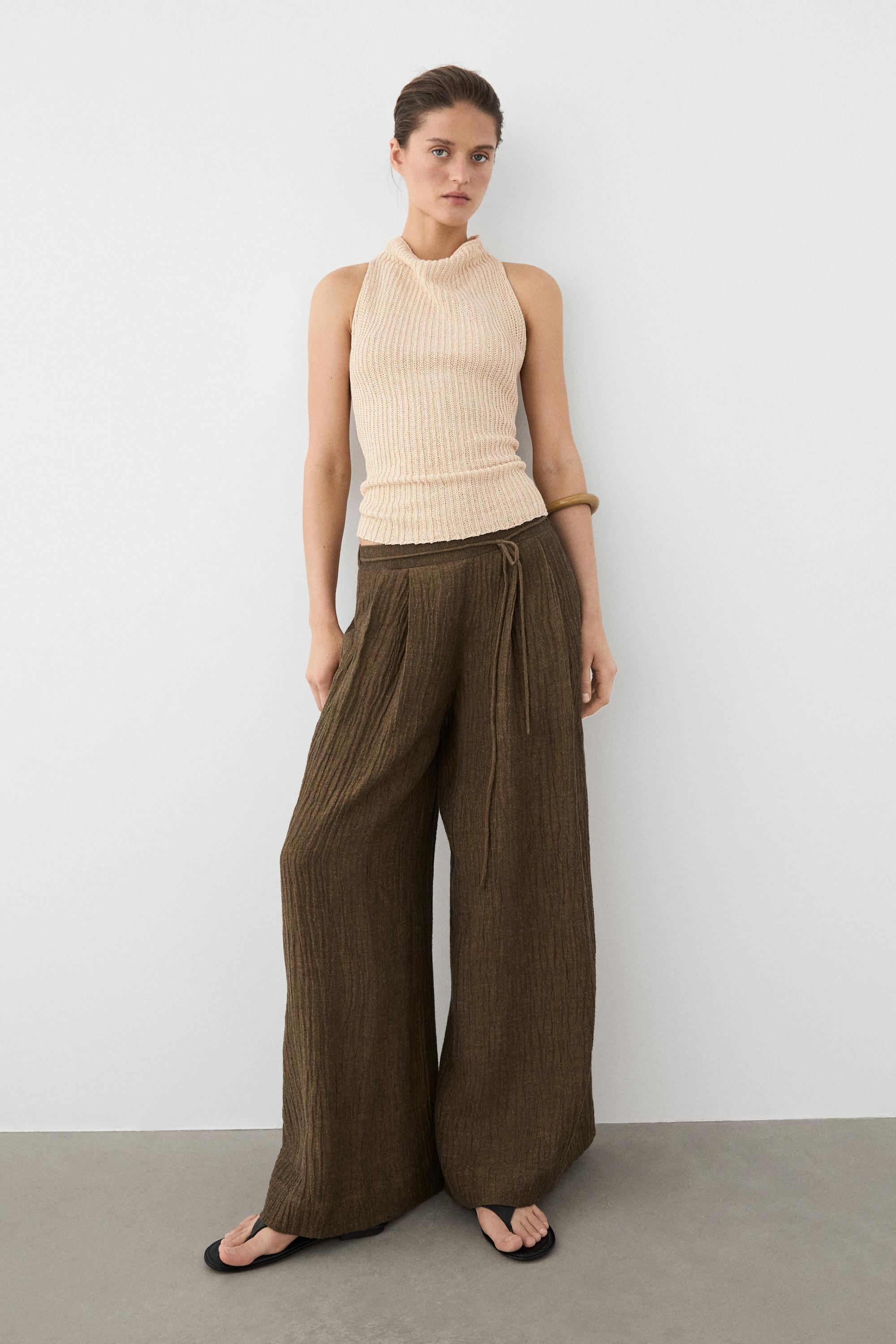 Flowing linen blend trousers — BROWN