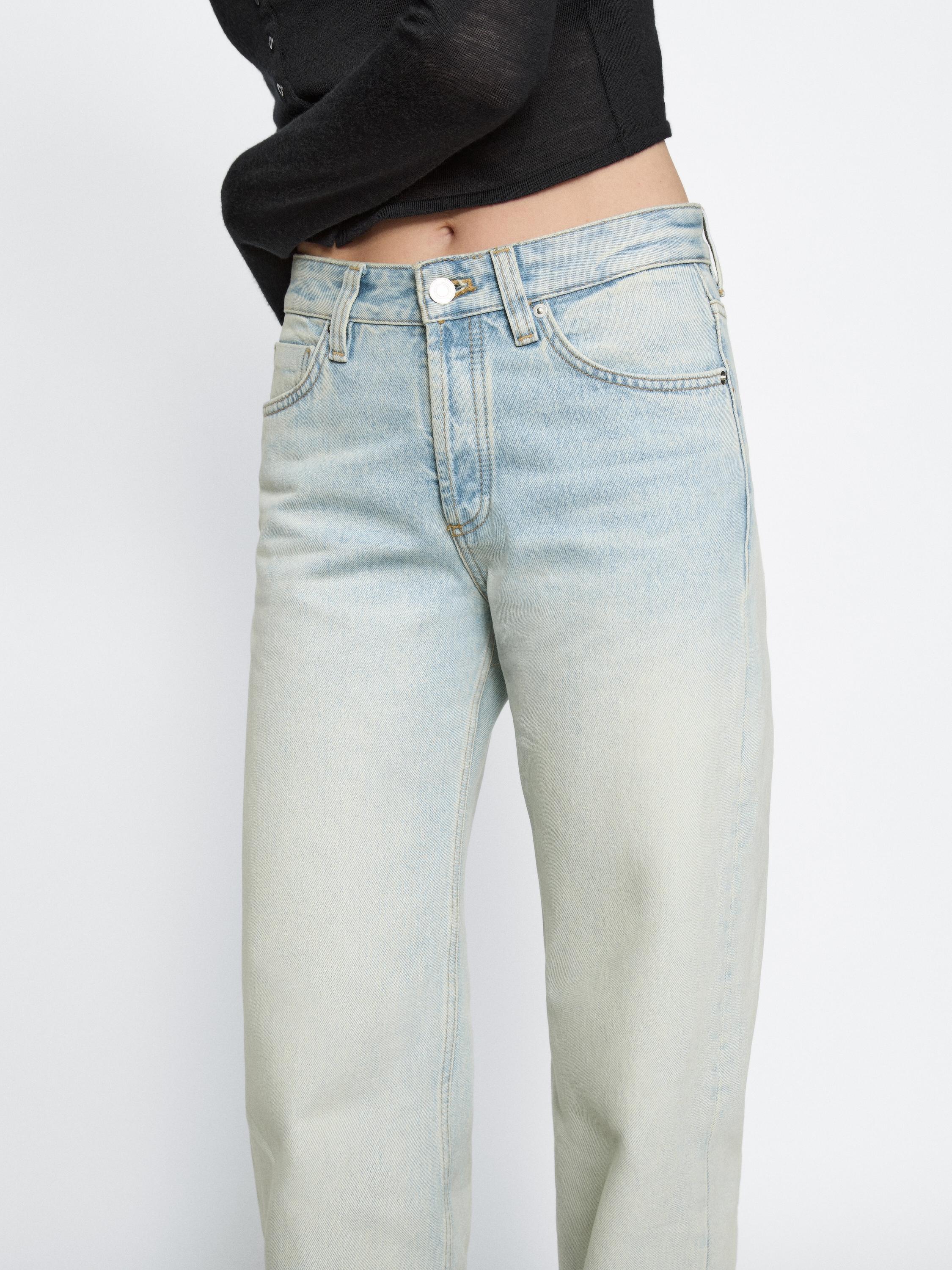 بنطلون جينز قطن بخصر متوسط وساق عريضة