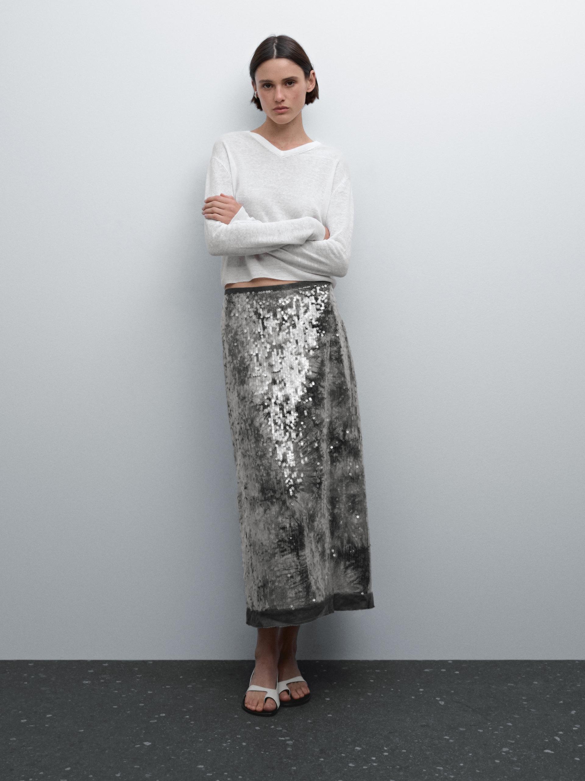 Jupe Midi À Paillettes - Argent - 34 - Massimo Dutti - Femme