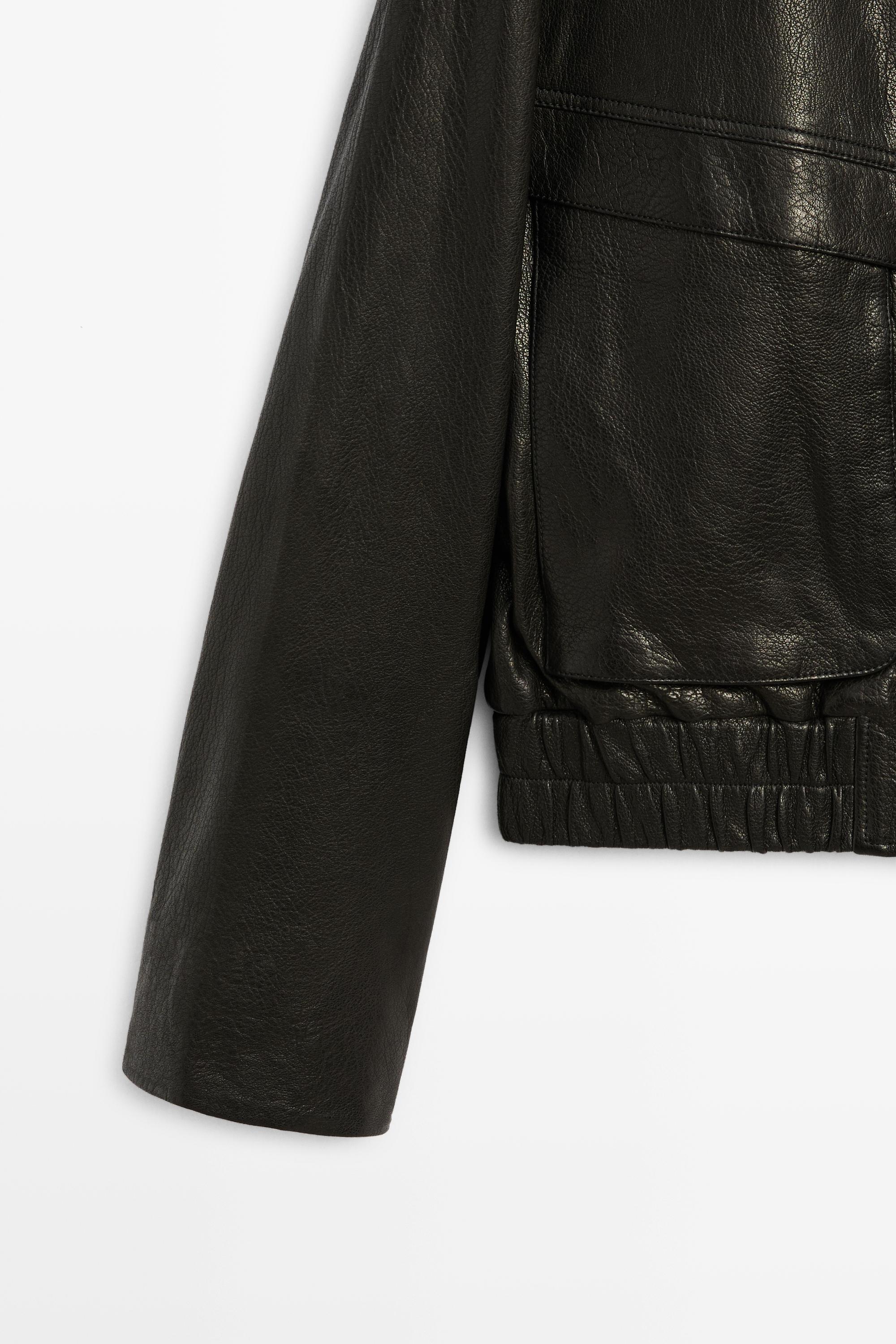 Cropped stand-collar nappa leather jacket — BLACK