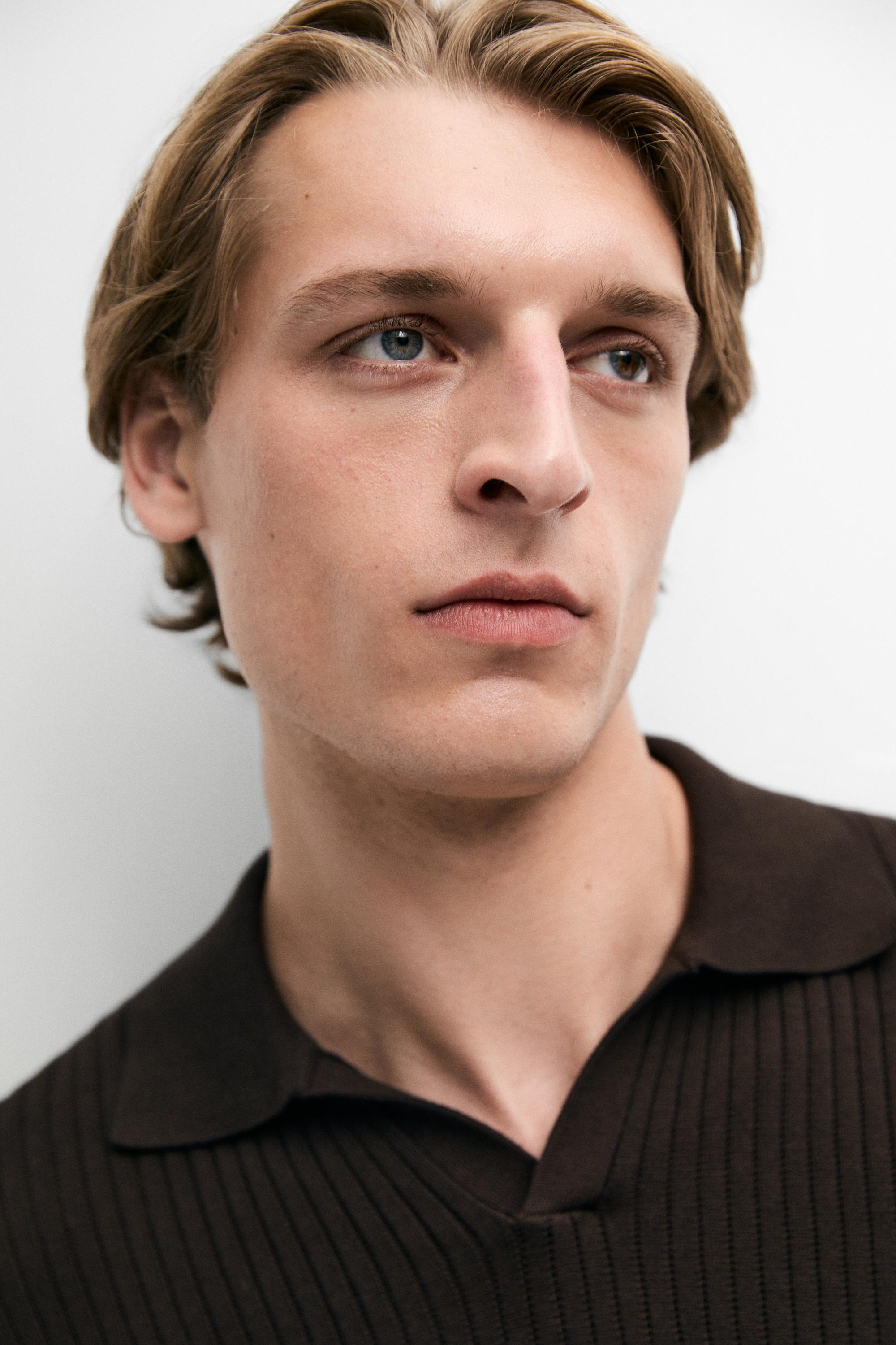 100% cotton ribbed knit polo sweater — BROWN MARL