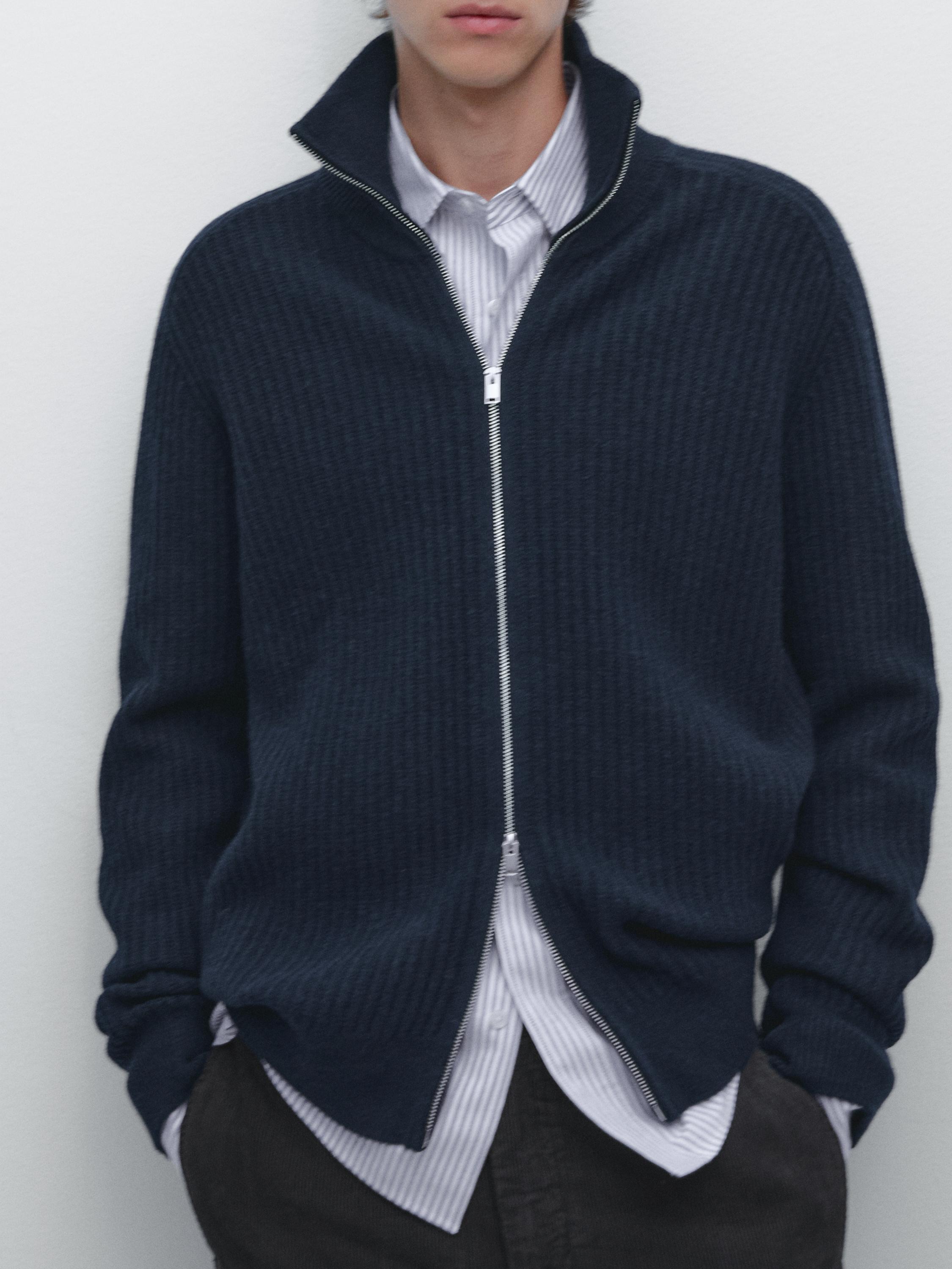 Wool blend zip-up knit cardigan