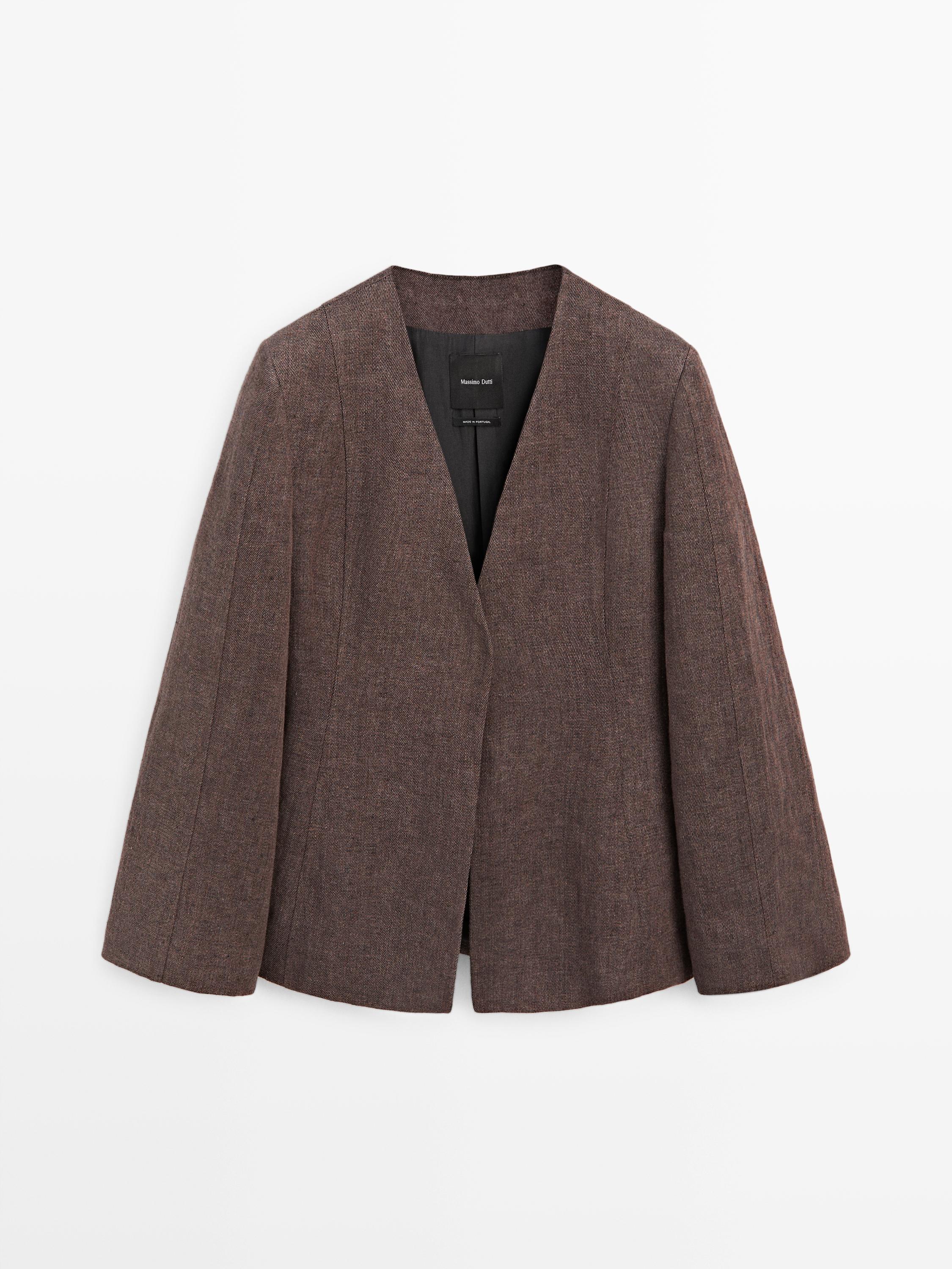 Front view of a brown American jacket without lapels, straight cut, and long sleeves.