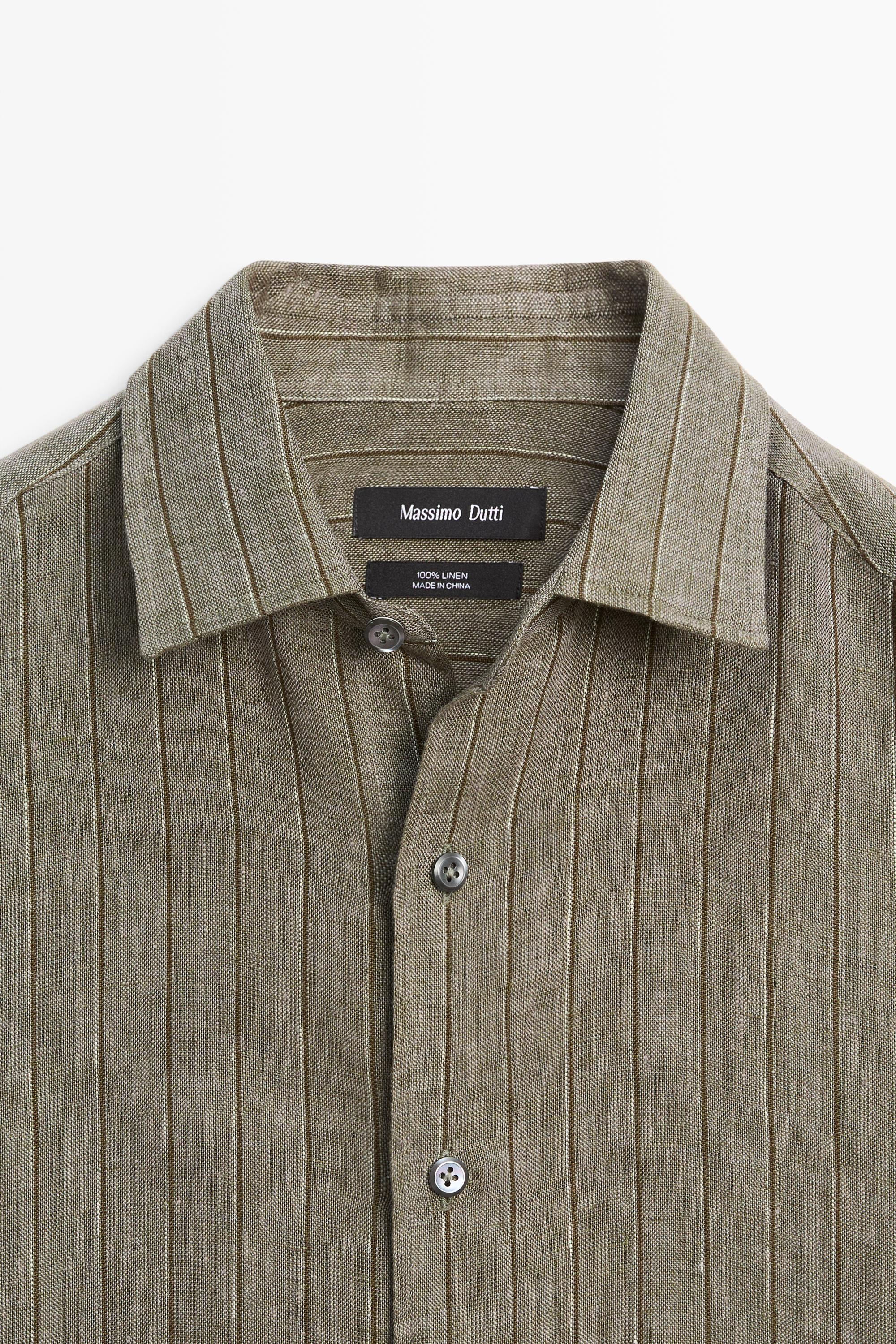 100% linen regular fit striped shirt — DARK GREEN