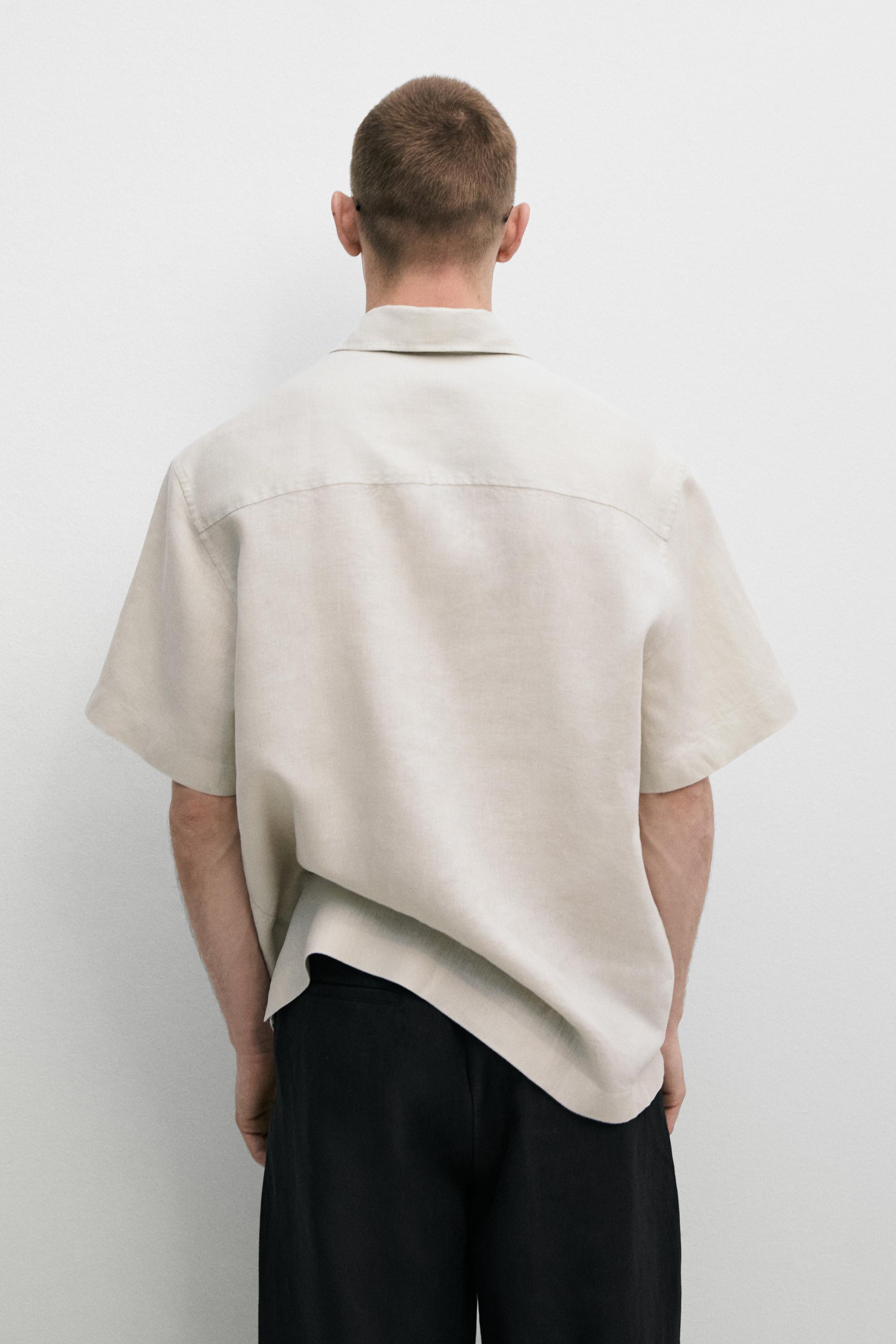 100% linen regular fit short sleeve shirt — BEIGE