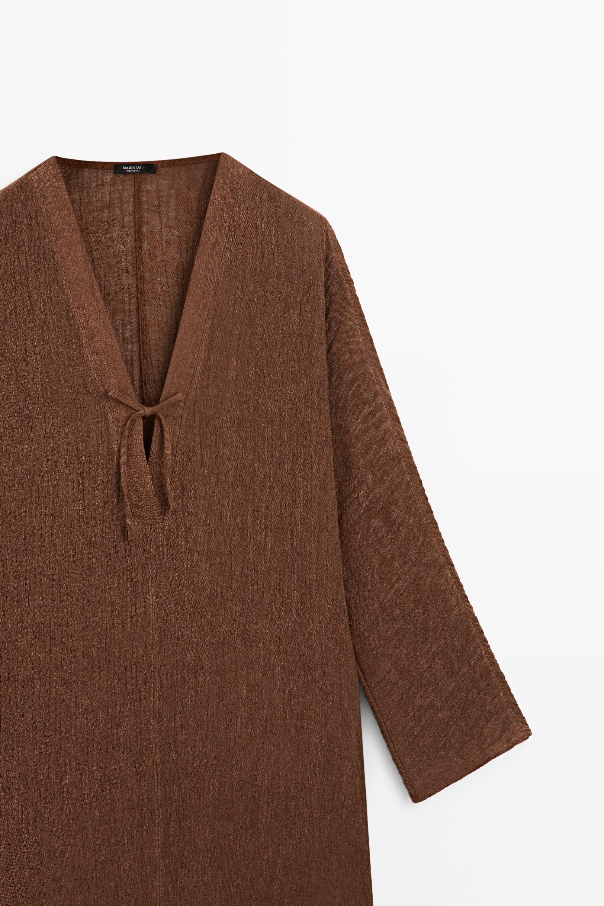 Linen blend kaftan dress with tied neckline — OCHRE
