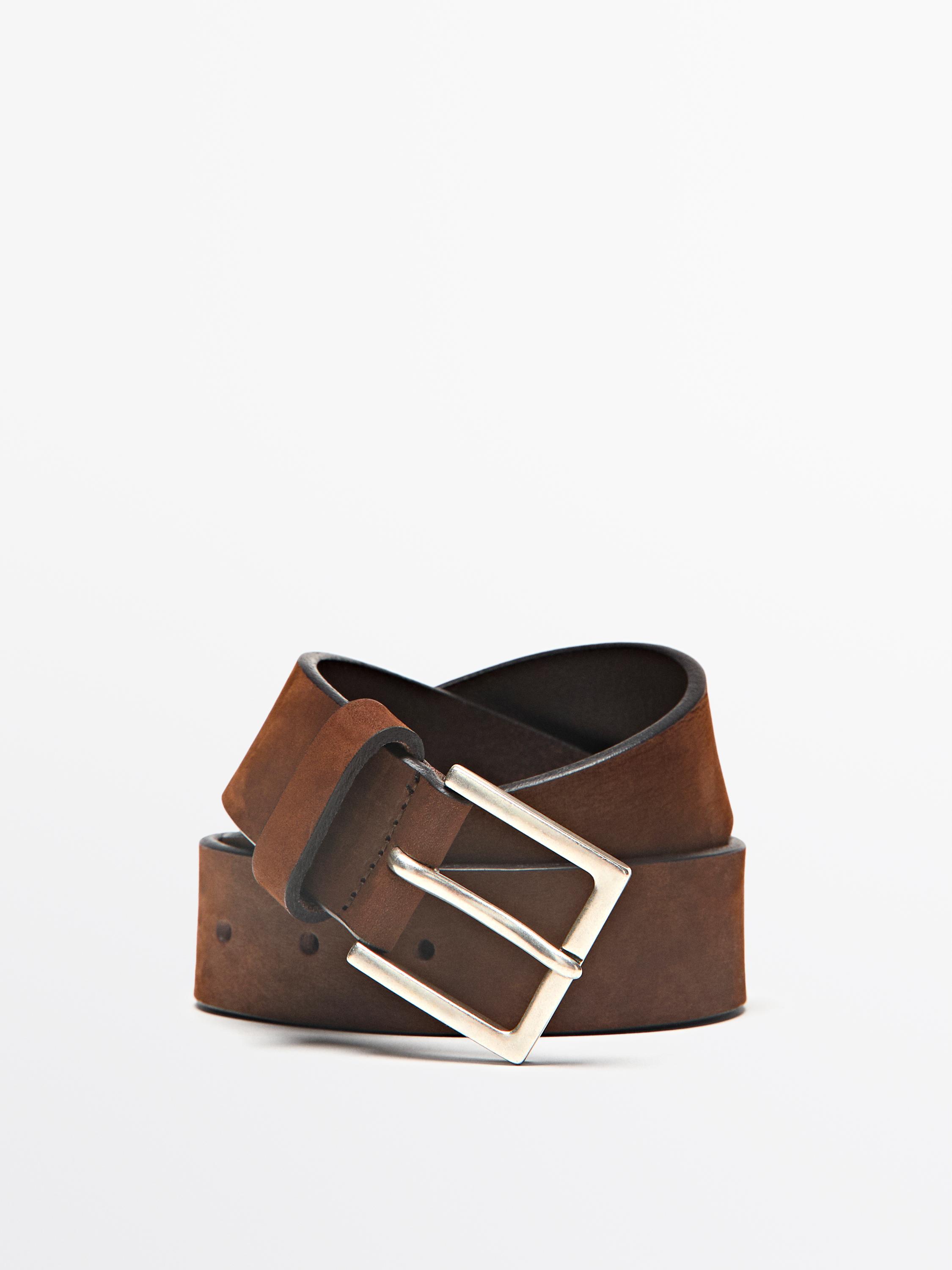 Leather belt with square buckle — BROWN