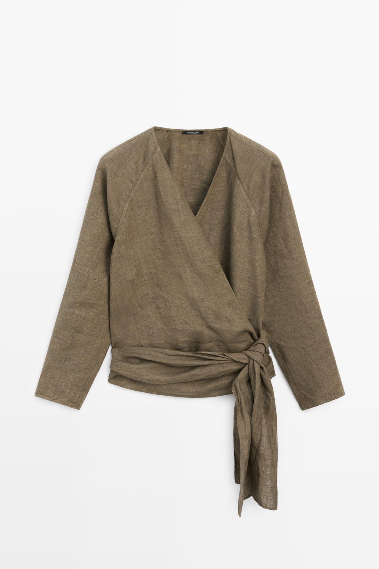 Massimo Dutti - Dames - 100% Linnen Blouse Met Strikdetail - Groen - S