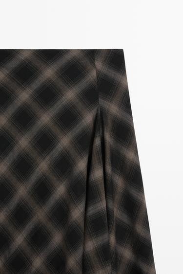 Wool-cotton blend check midi skirt with split — BLACK 4