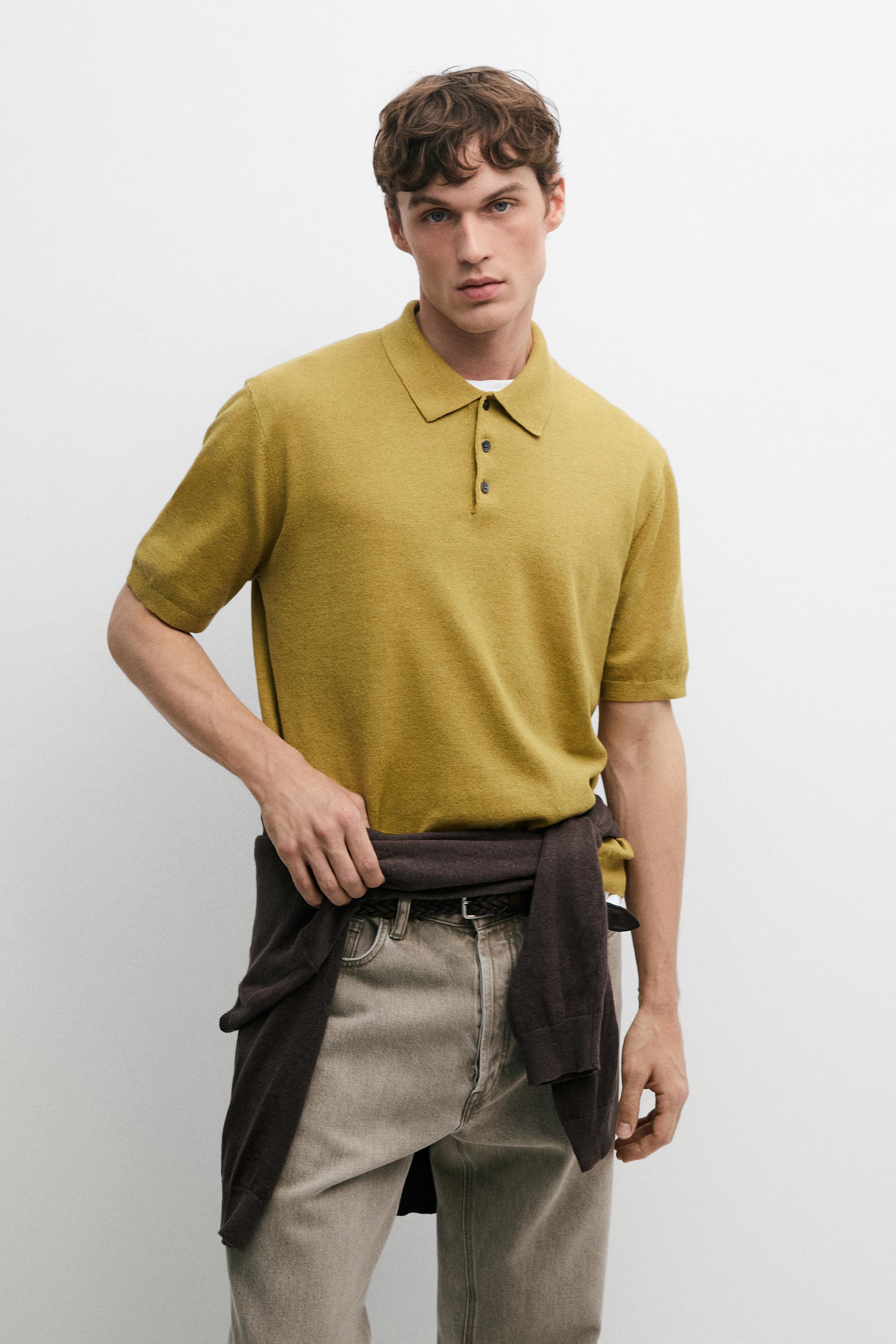 Short sleeve cotton and linen knit polo shirt — OIL