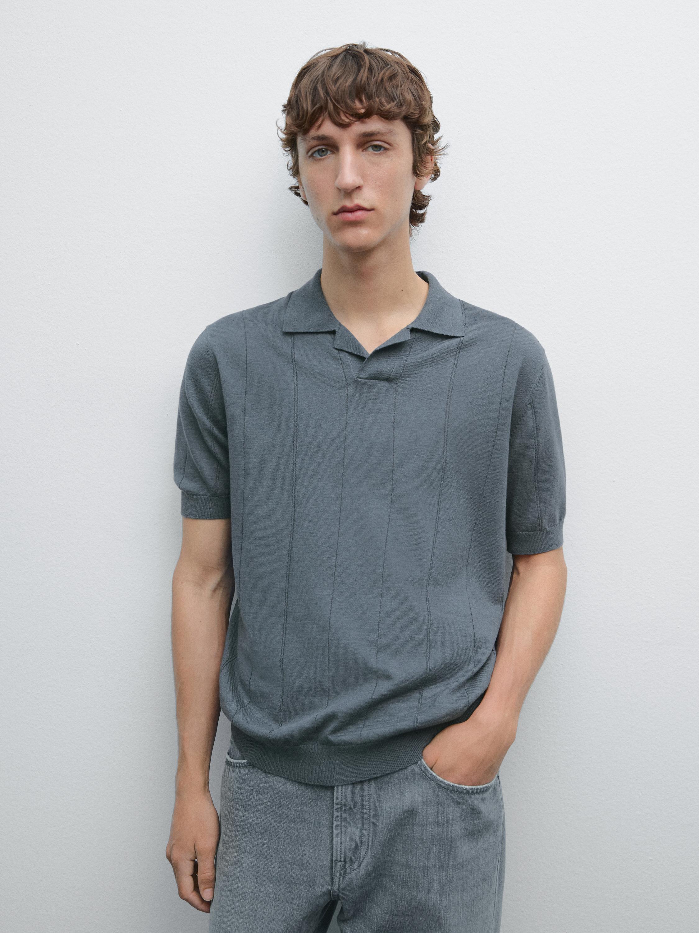 Striped linen blend knit polo shirt