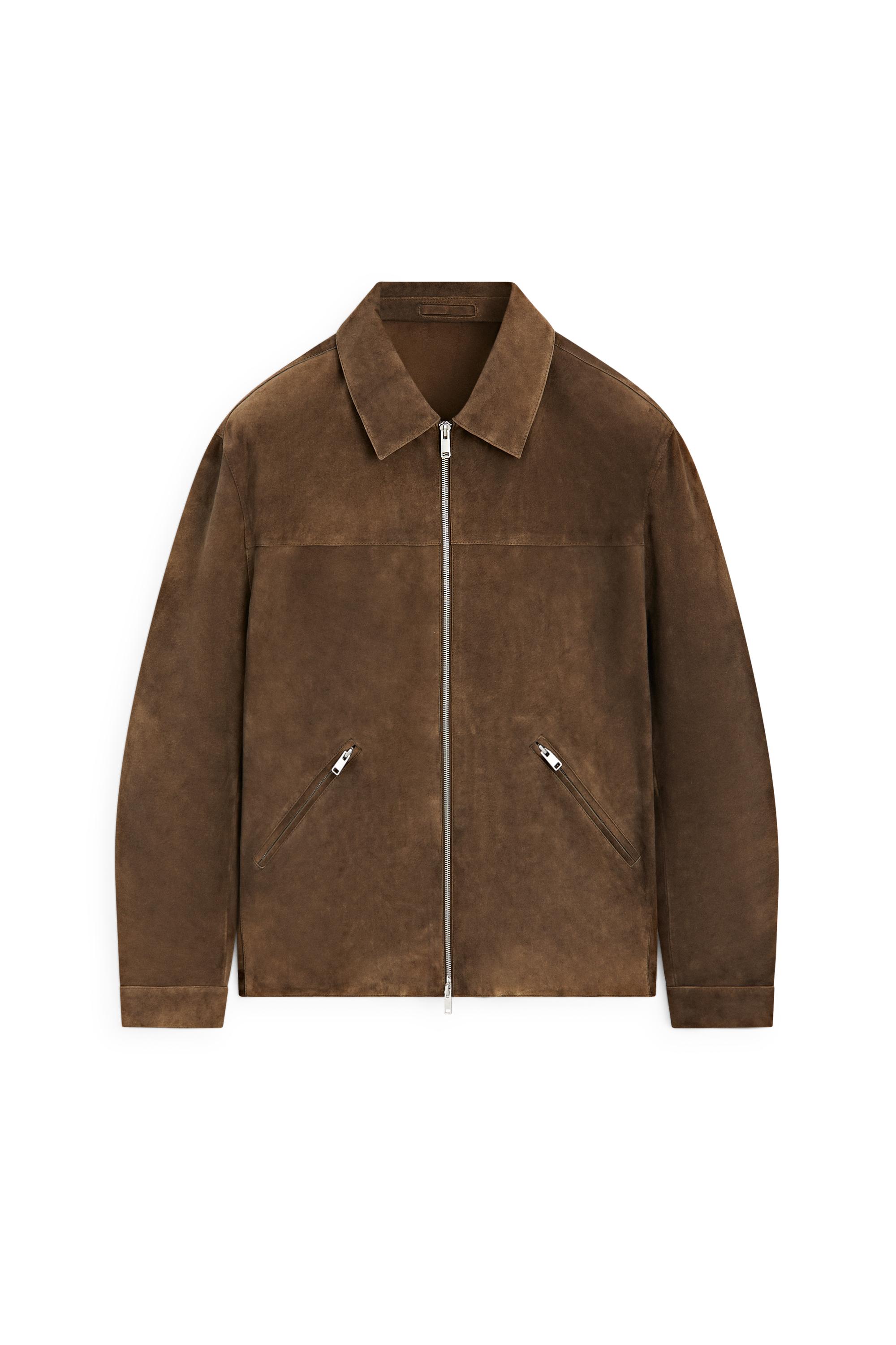 Suede leather zip-up jacket — BROWN MARL