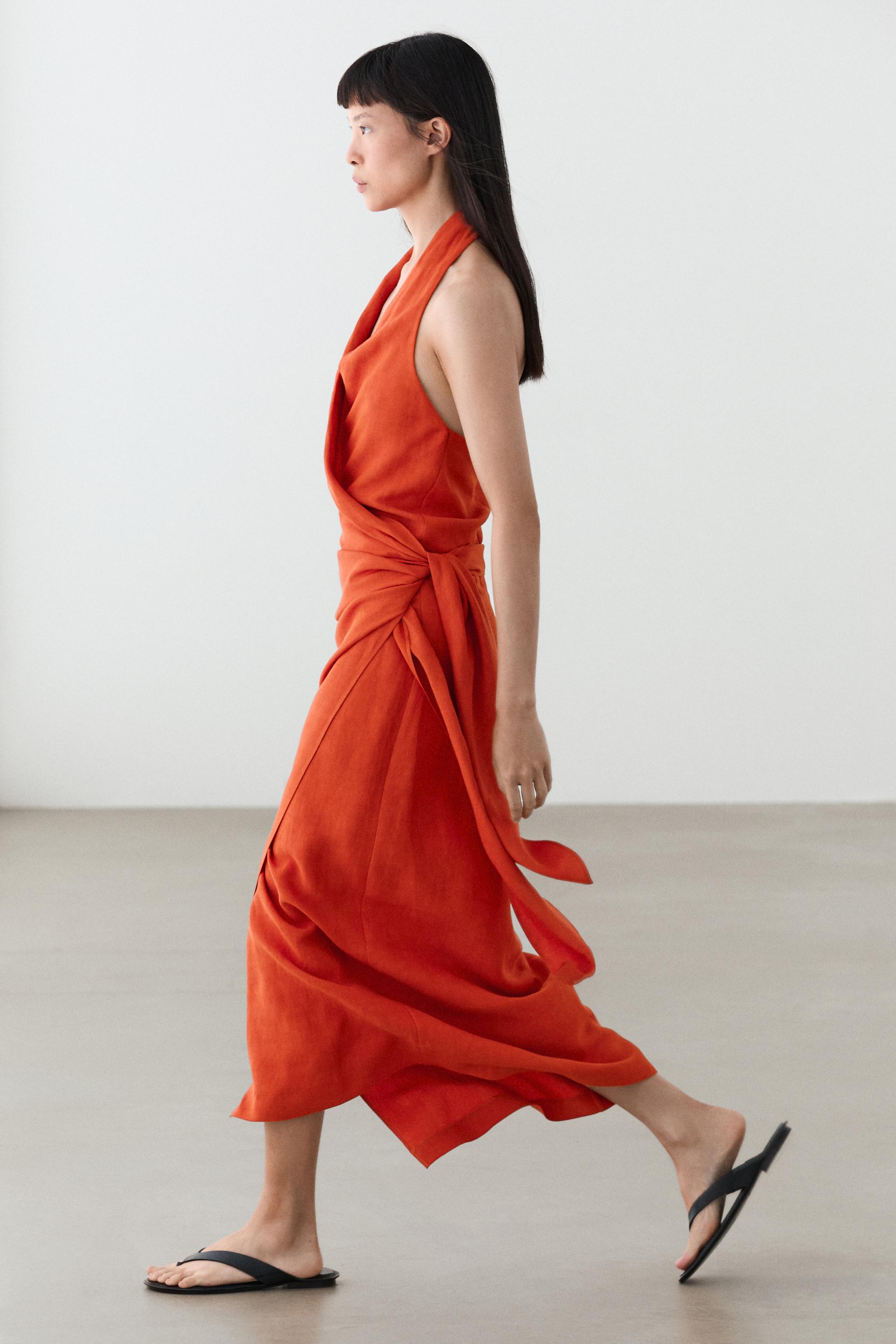 Draped midi dress with bow detail — COPPER