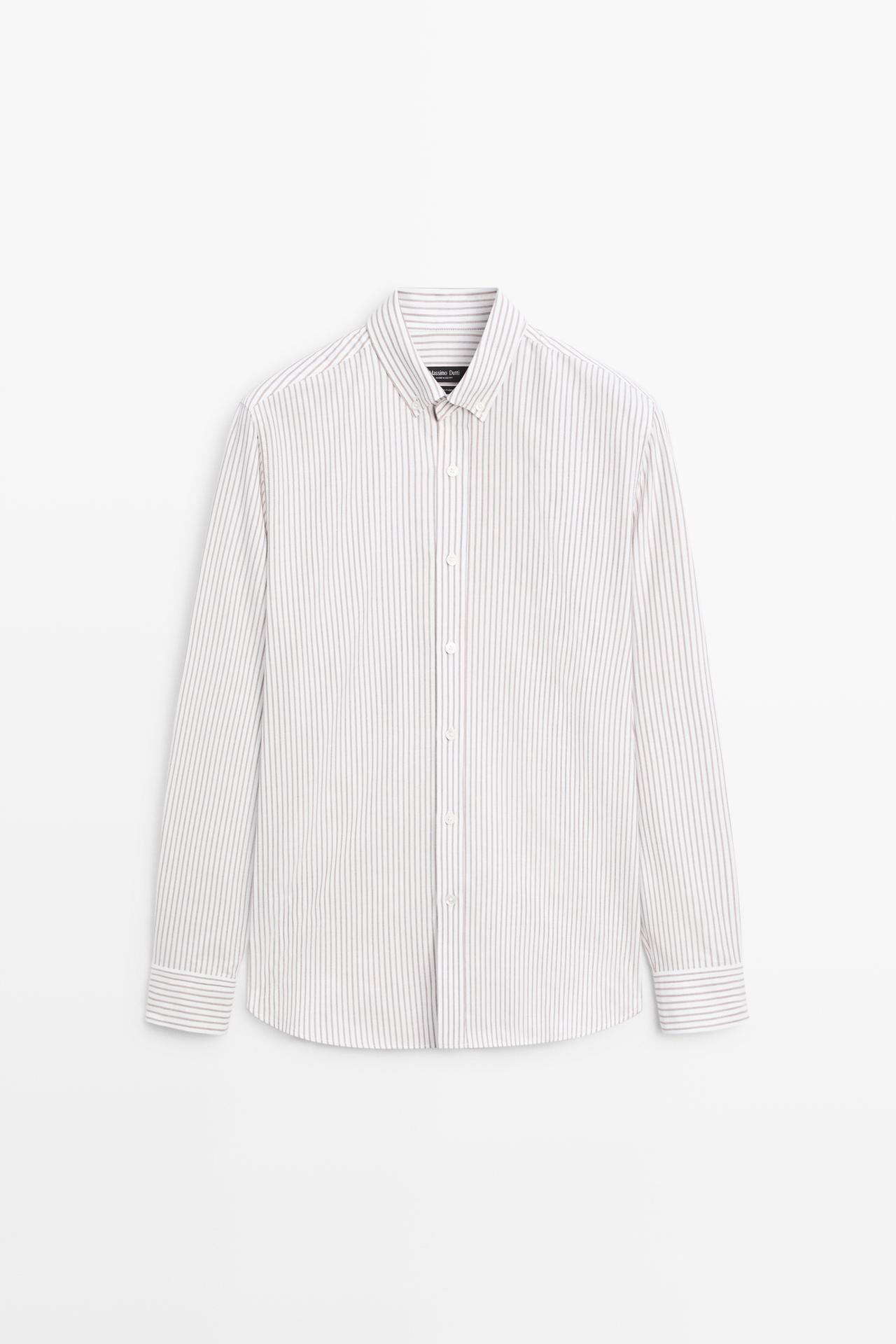 100% cotton regular fit striped shirt — BROWN