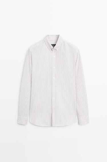 100% cotton regular fit striped shirt — BROWN 2
