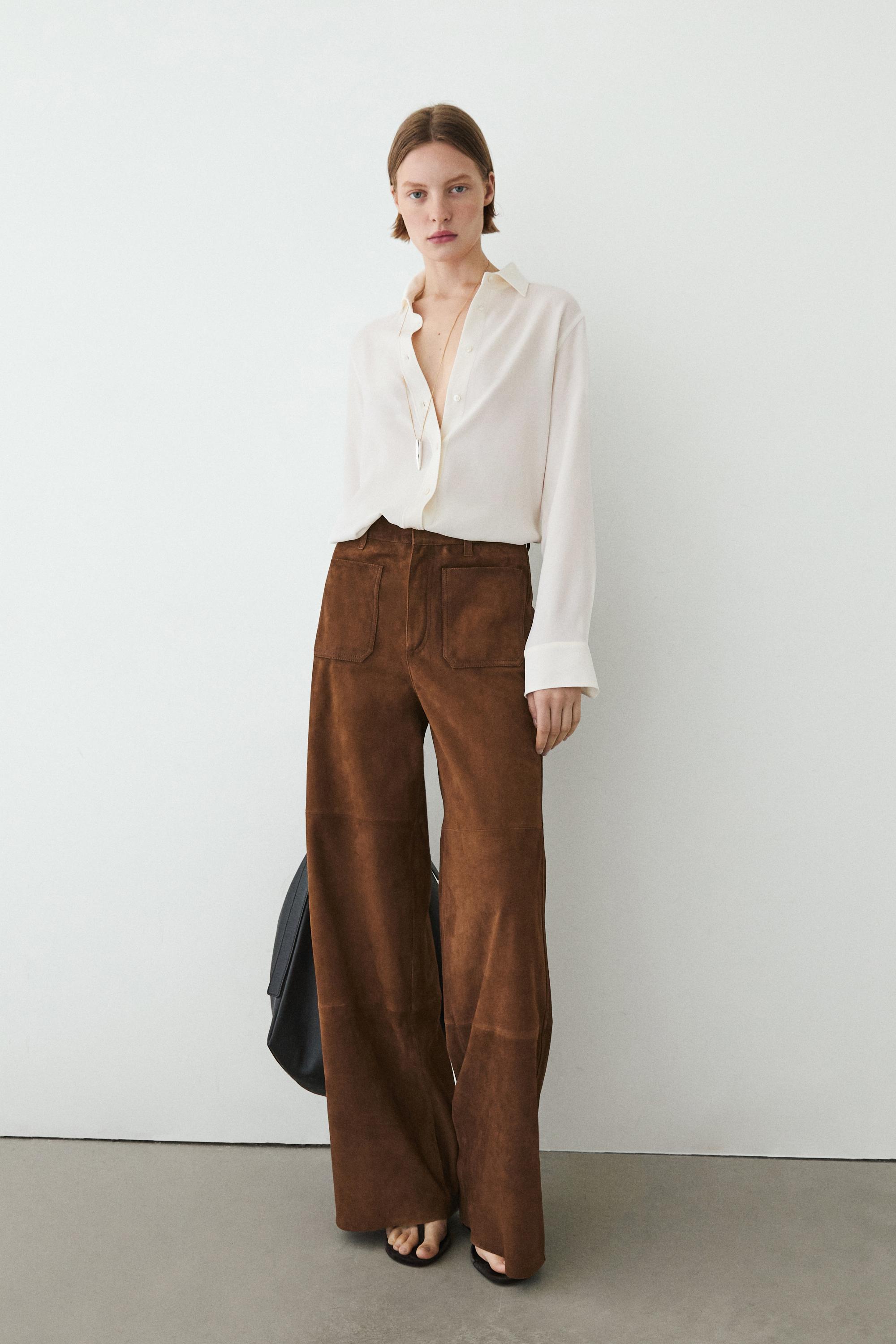 Suede leather wide-leg trousers with pockets — BROWN