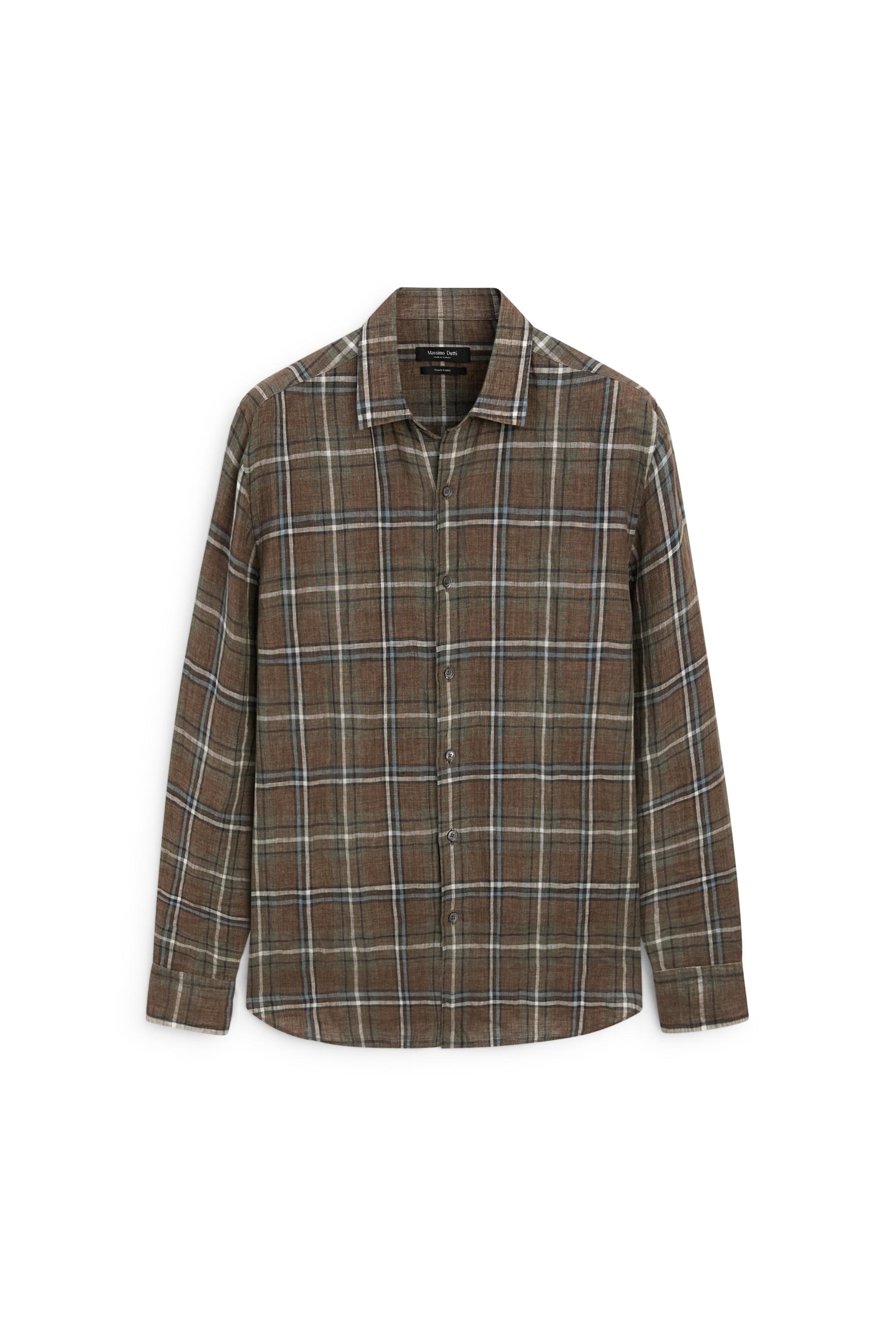 100% linen regular fit check shirt — GREEN