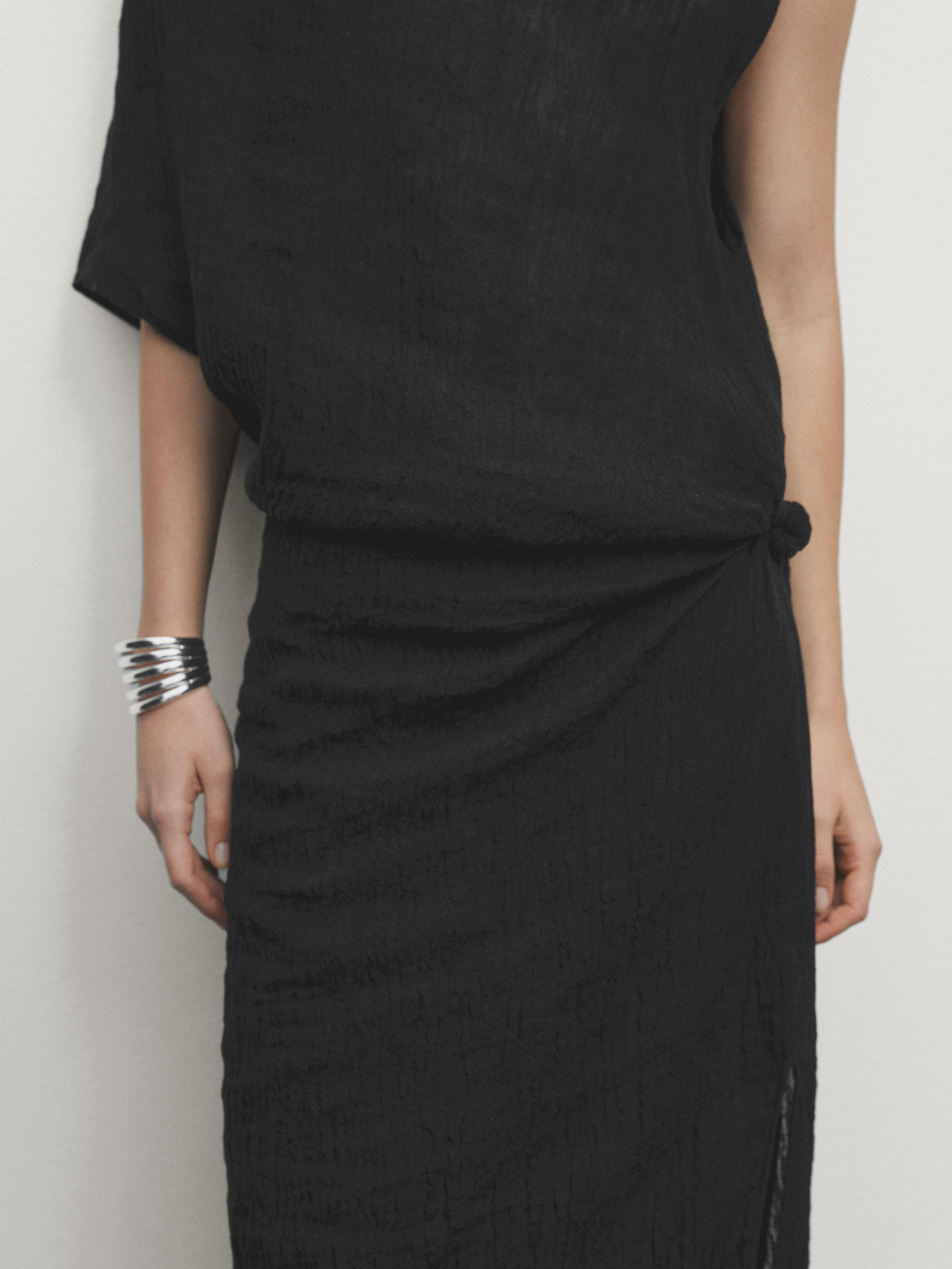 Linen midi dress with asymmetric neckline