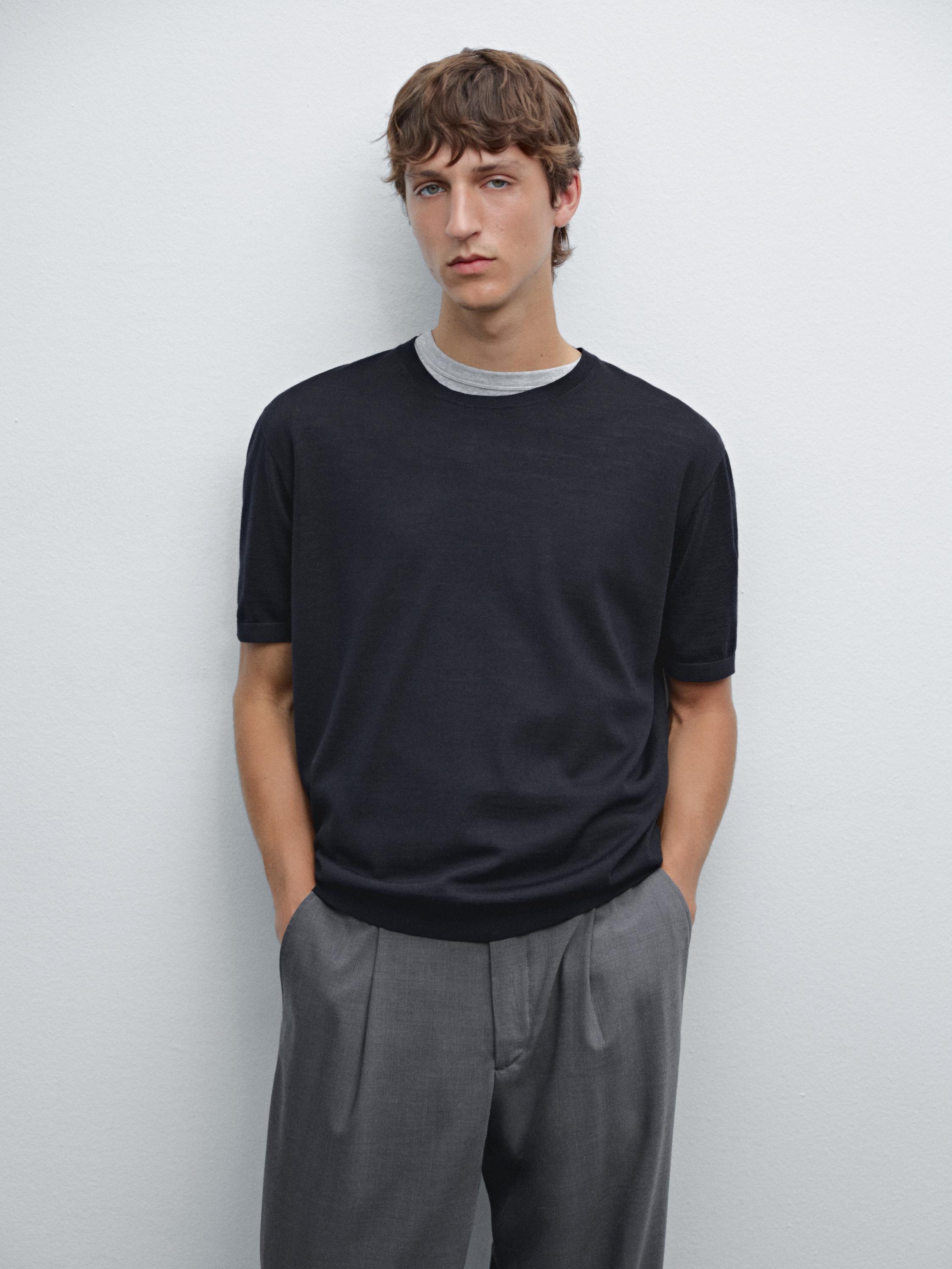 Short-sleeved wool-blend knit T-shirt