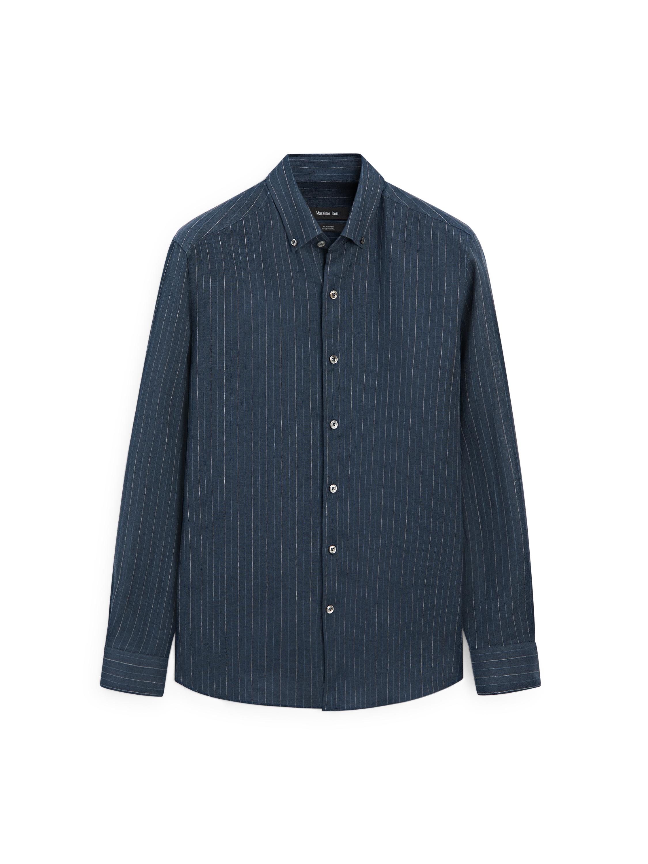 100% linen regular fit striped shirt — NAVY BLUE