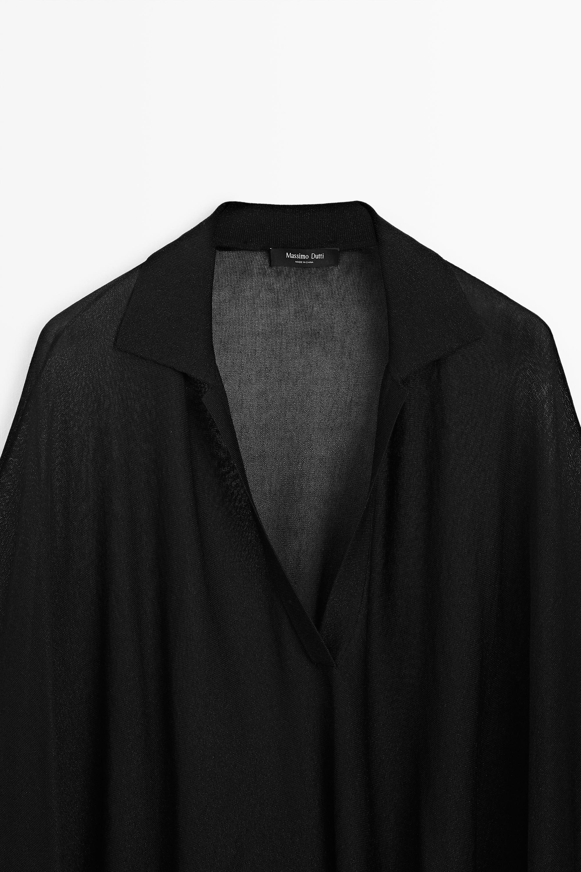 Metallic detail polo collar flowing cape — BLACK