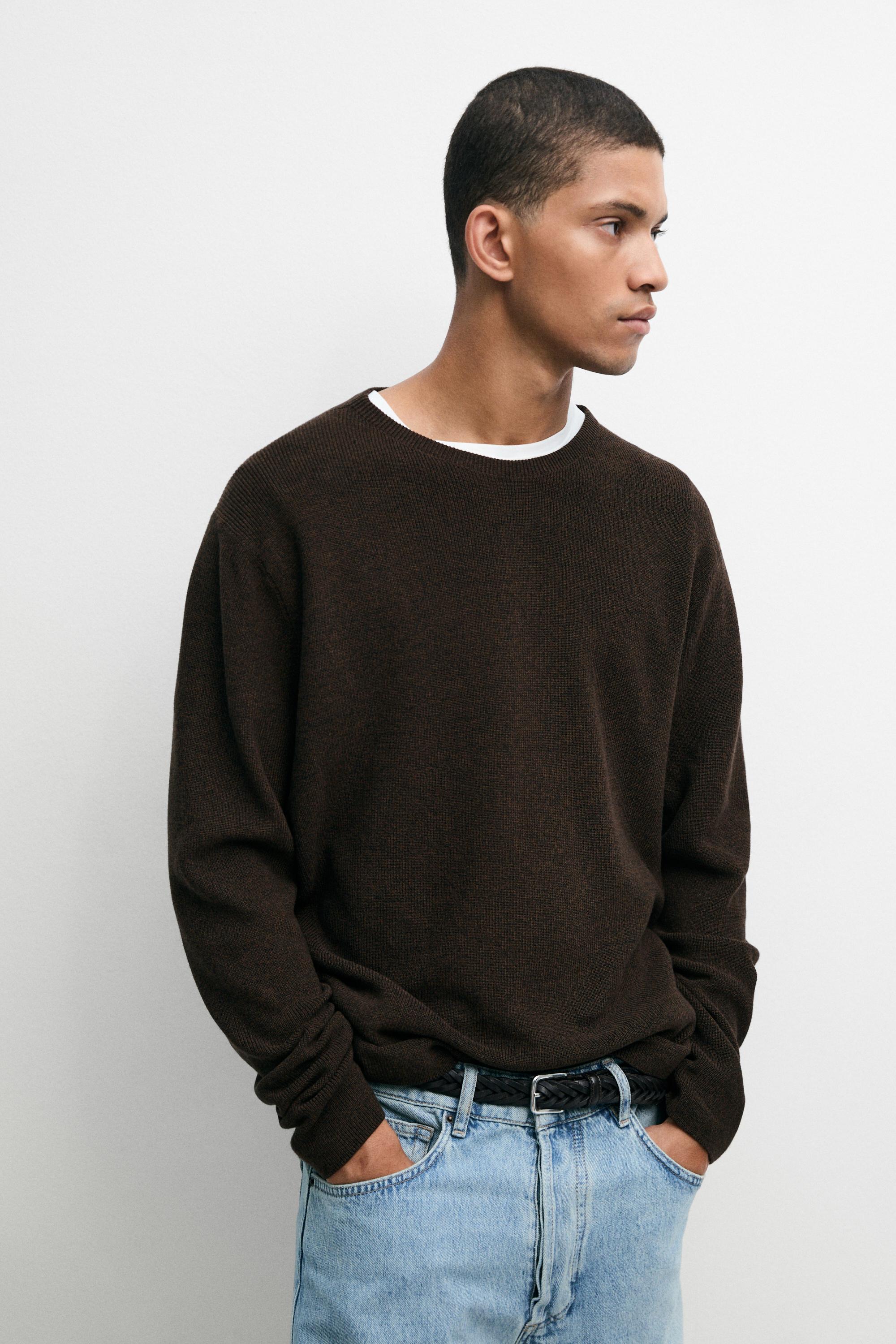 100% cotton mouliné round neck sweater — BROWN