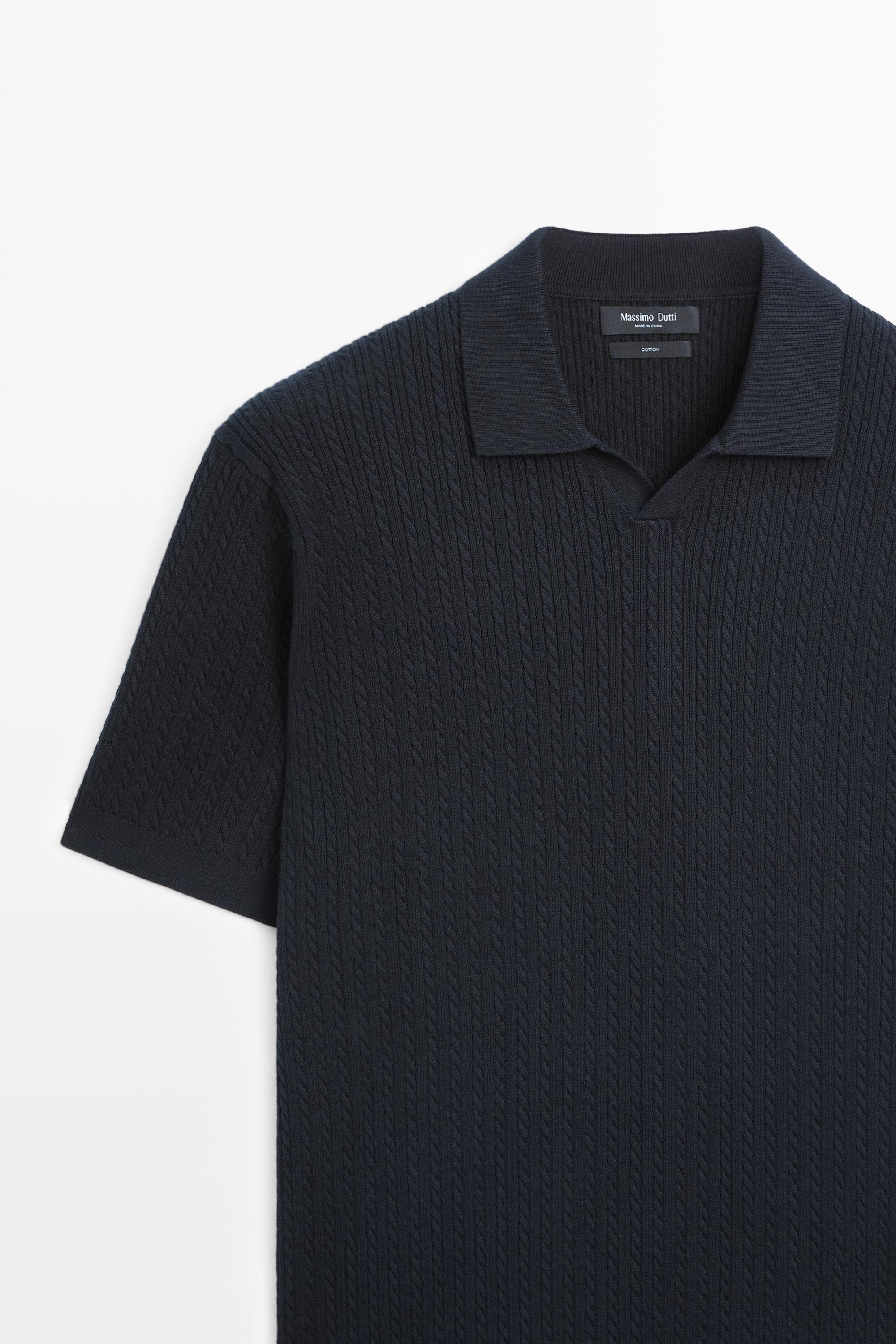100% cotton cable-knit polo sweater — NAVY BLUE