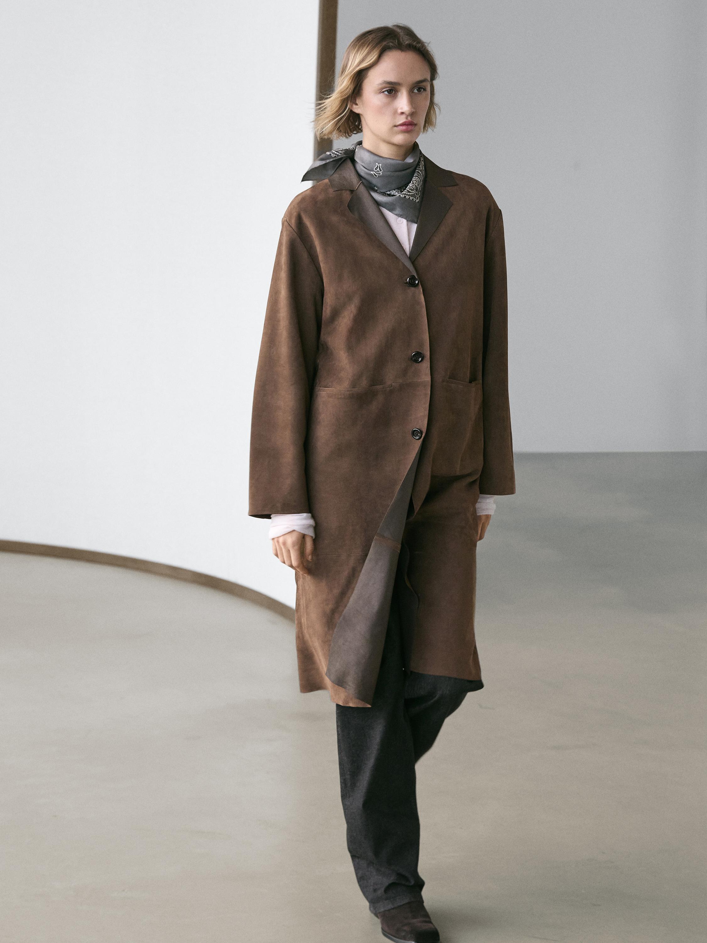 Long suede leather coat — BROWN