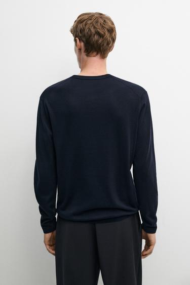 100% Cotton Henley Neck Knit Sweater — NAVY BLUE 5