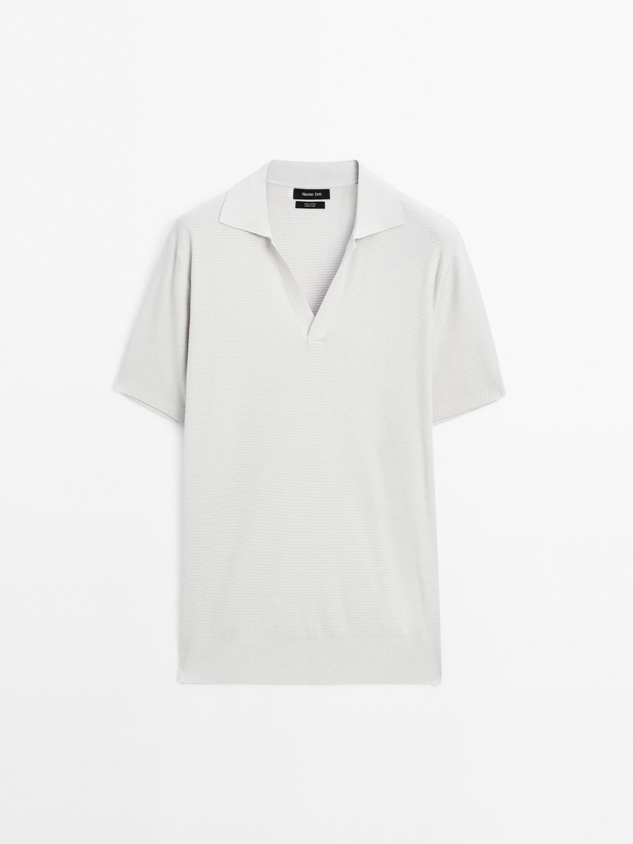 Massimo Dutti - Herre - Poloshirt I Strik Med V-Udskæring - Perlegrå - L