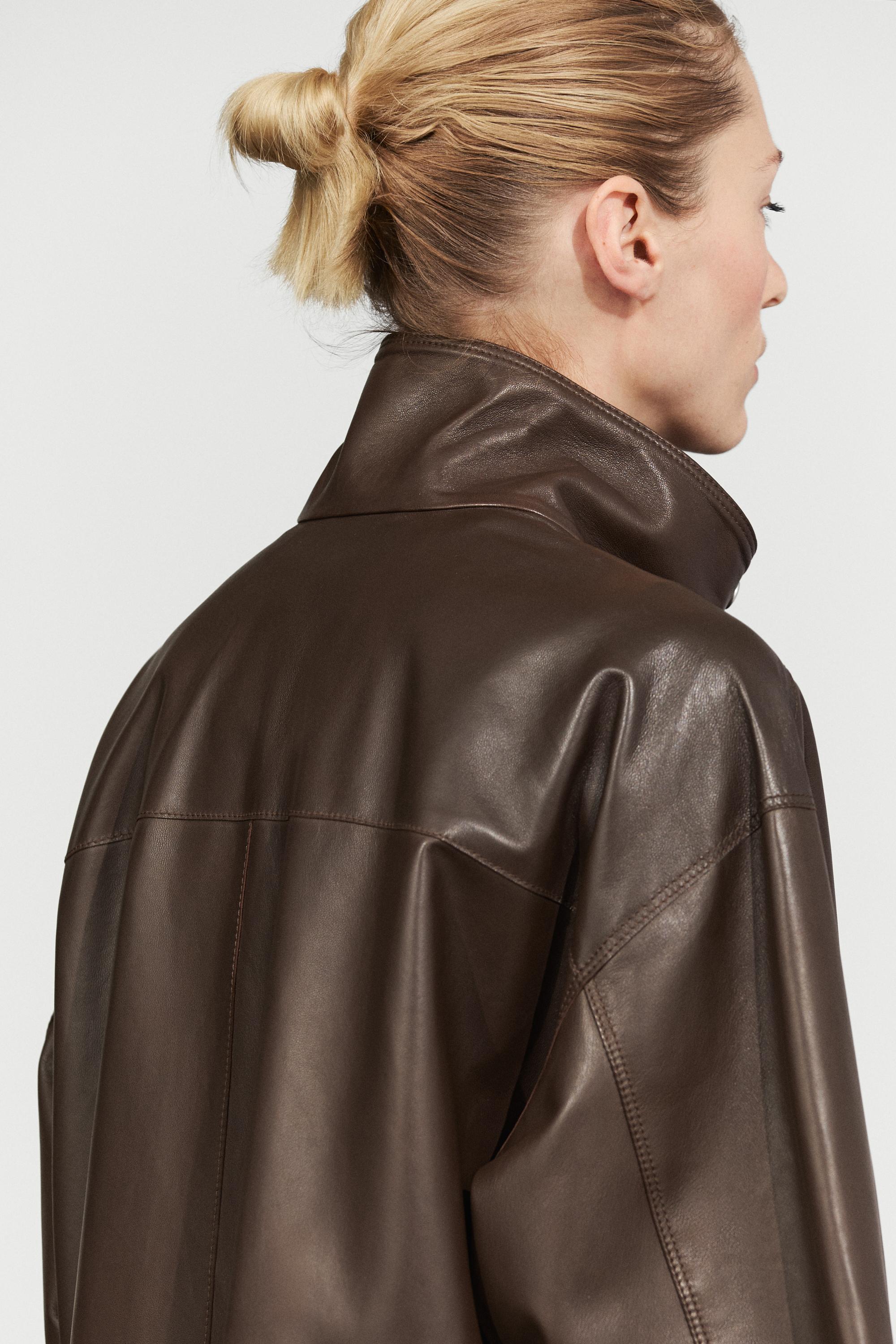 Nappa leather button-placket jacket — BROWN