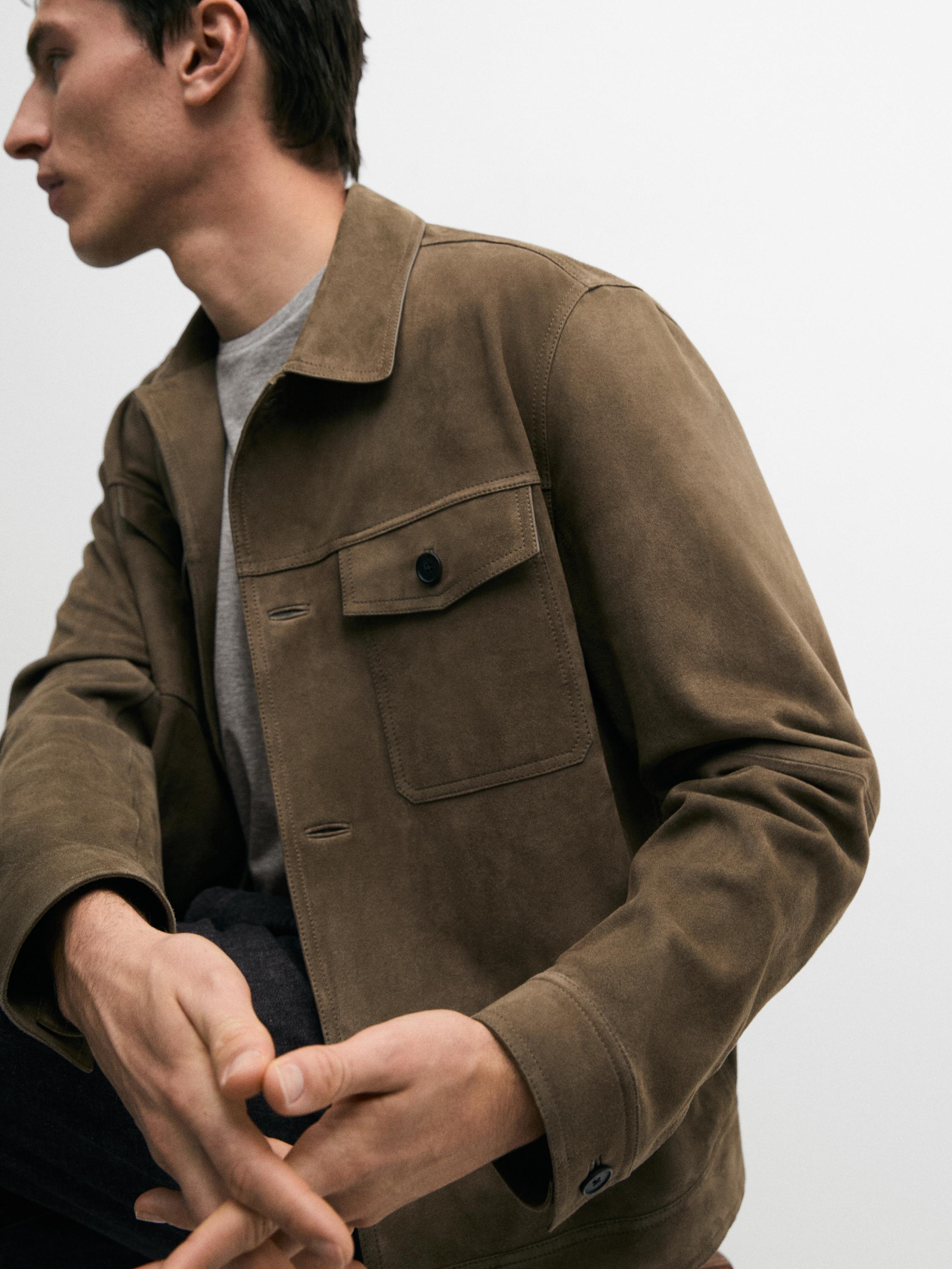 Distressed effect leather jacket with pockets — PALE GREEN