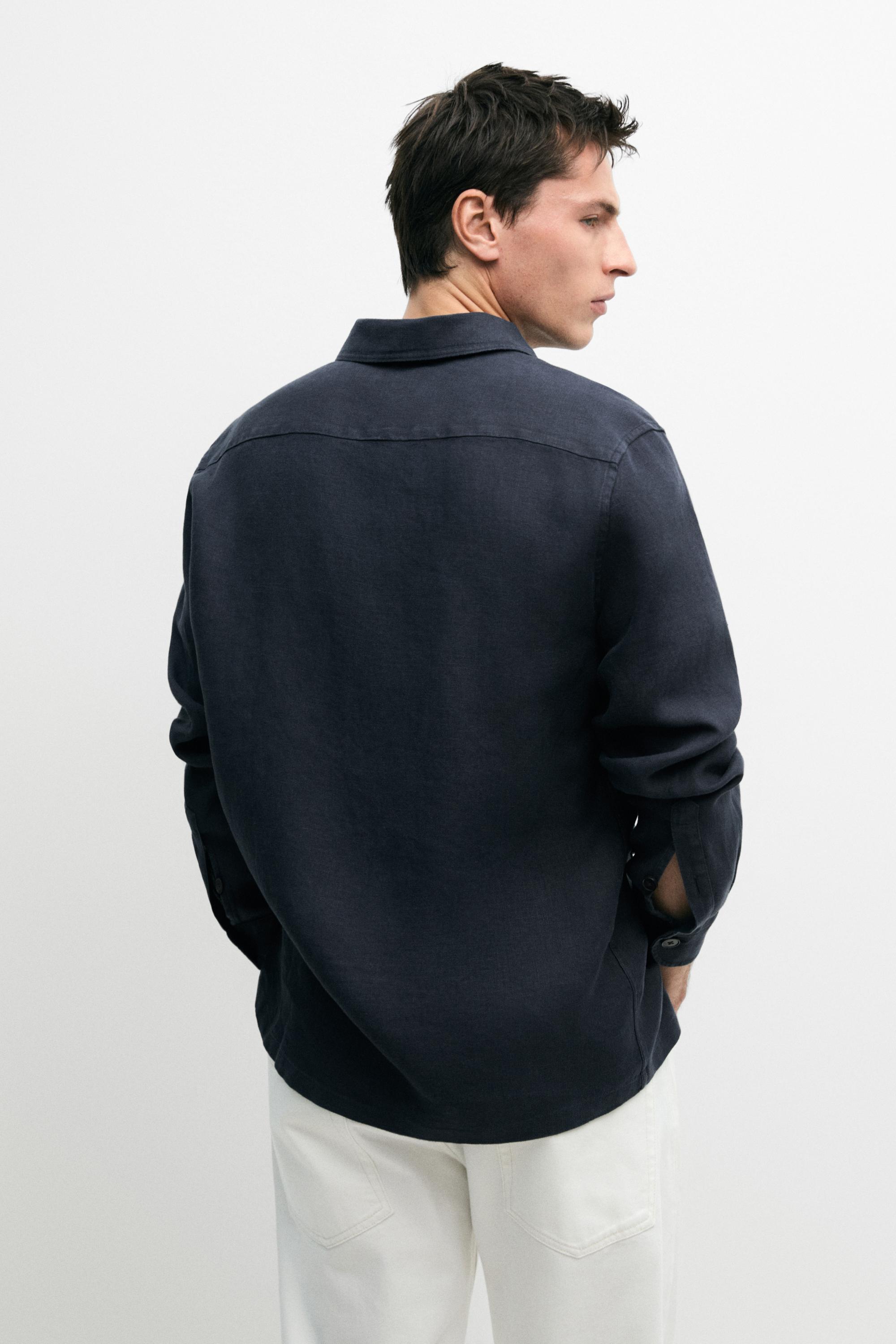 Heavy linen overshirt with pocket details — NAVY BLUE